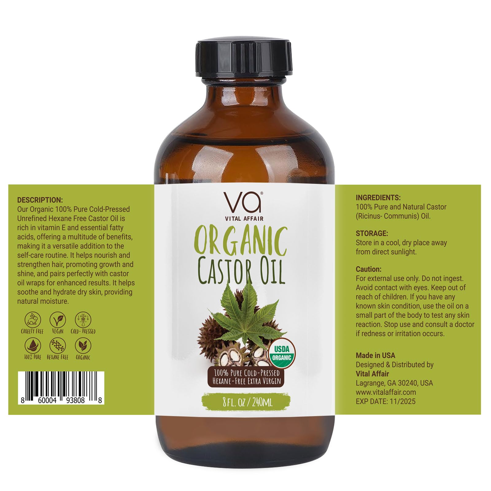VITAL AFFAIR Castor Oil Organic Cold Pressed Unrefined Glass Bottle- USDA Certified Organic Castor Oil VITAL AFFAIR buy supplements canada