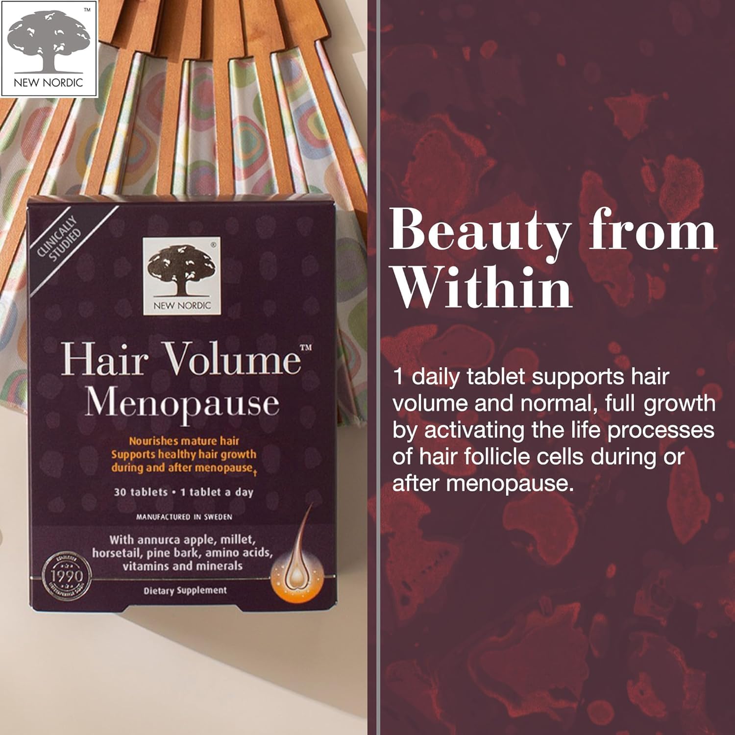 New Nordic Hair Volume Menopause, Supports Healthy Hair Growth During and After Menopause, Pine Bark and Annurca Apple Extract, 30 Tablets NEW NORDIC buy supplements canada