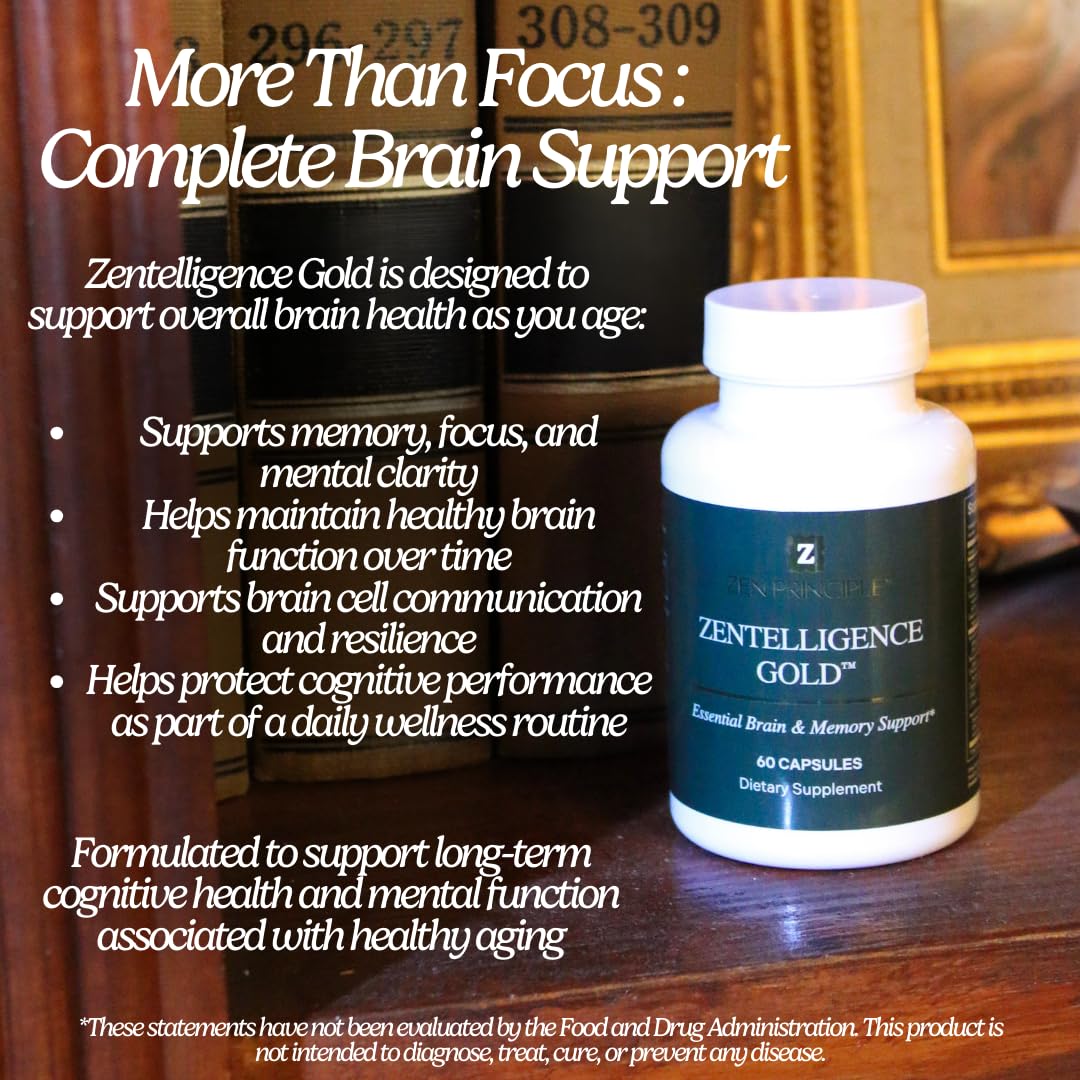 Zen Principle Zentelligence™ Gold Brain Supplement – Memory, Focus & Mental Clarity. Premium Cognitive Support for Adults 40+ with Magnesium, Vitamin D3, CoQ10, Vitamin B12 & L-Theanine. 60 Capsules Zen Principle buy supplements canada