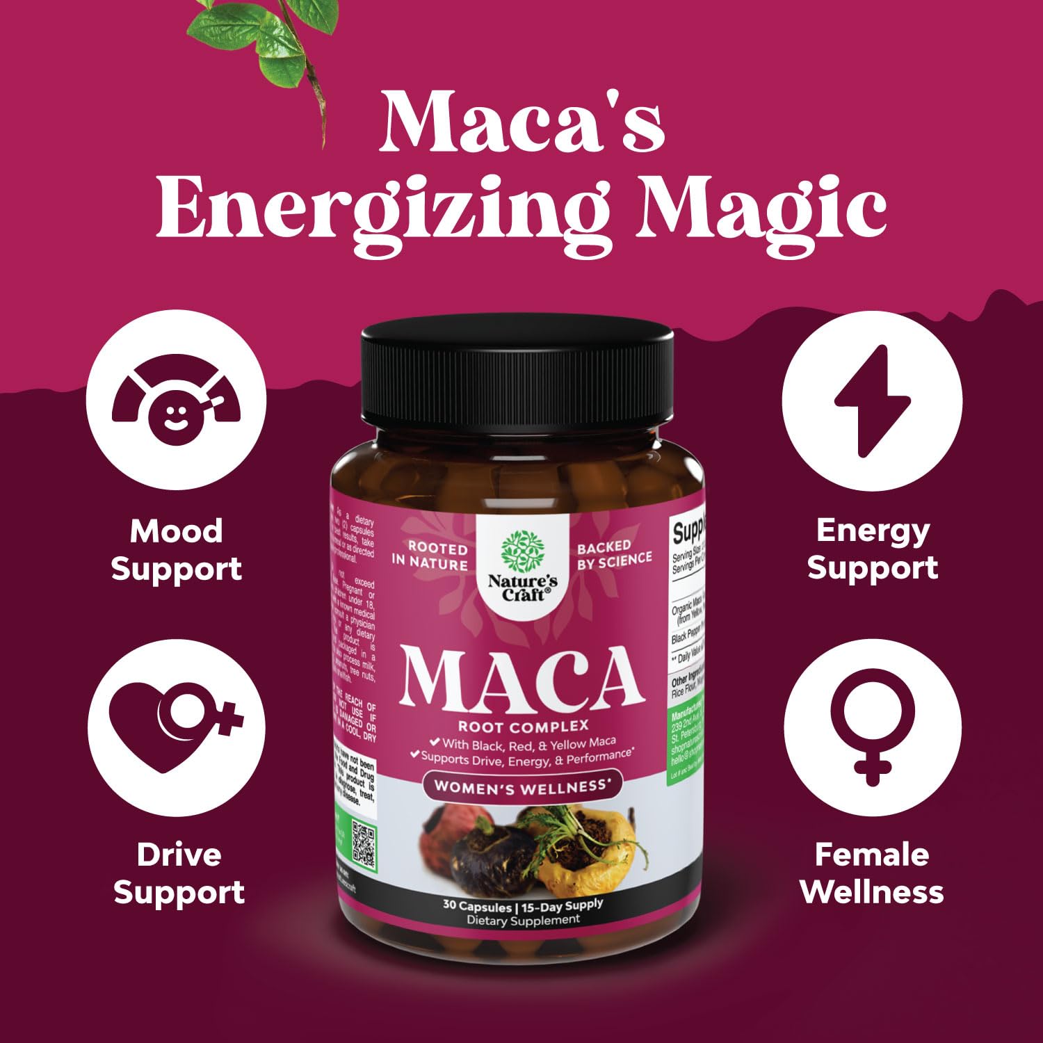 Maca Root Capsules for Women - Potent Herbal Supplement with Female Enhancing Blend of Red Yellow & Black Maca Root - Non-GMO Certified Vegan and Gluten-Free with No Artificial Colors - 30 Count Natures Craft buy supplements canada