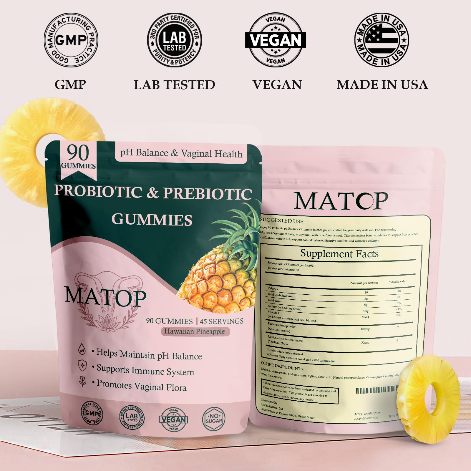 MATOP Probiotic Prebiotic pH Balance Gummies - Vaginal Health Gummies for Women Pro + Prebiotic with Pineapple Flavor, Vegan, Sugar-Free – 90 Gummies (45 Servings) MATOP buy supplements canada