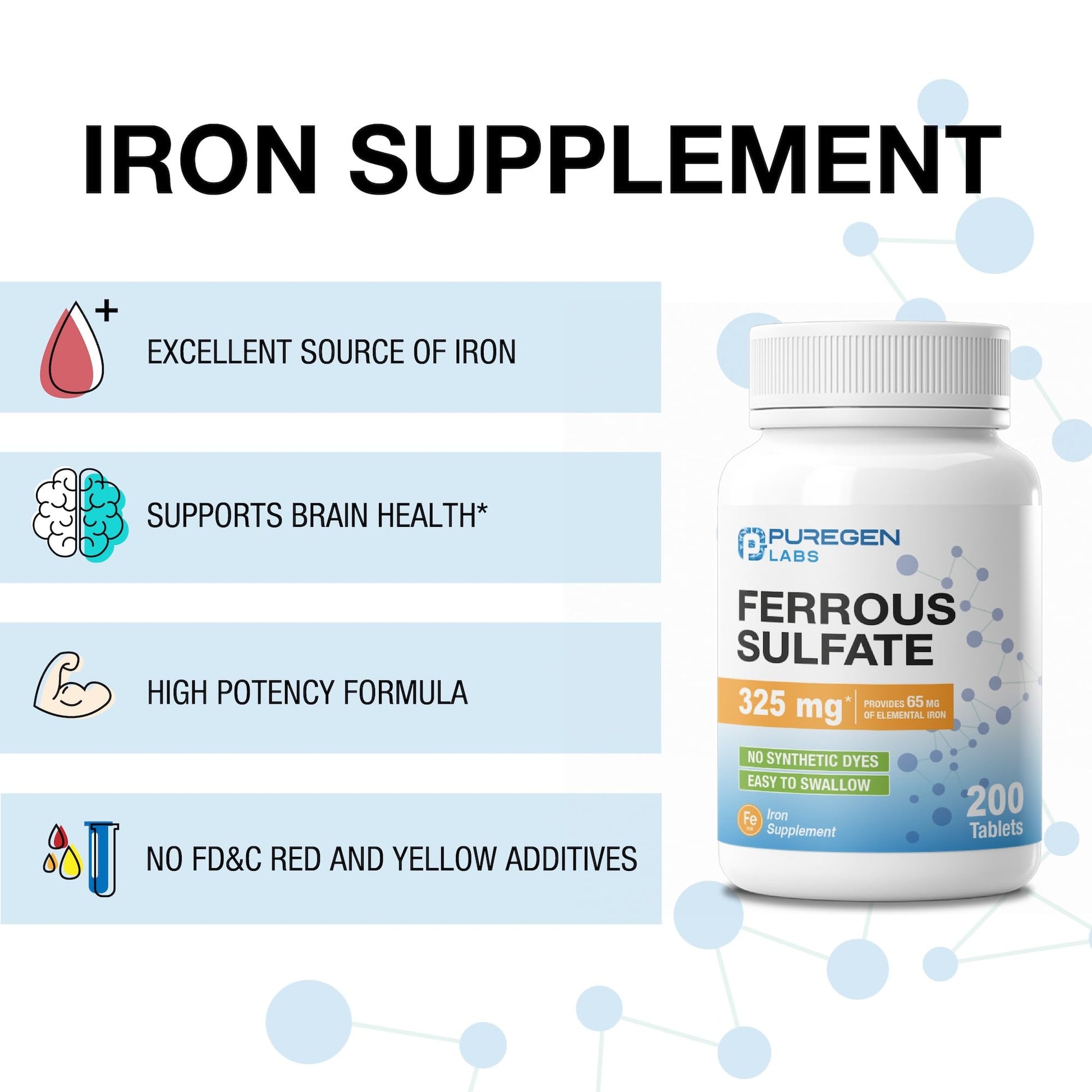Puregen Labs Ferrous Sulfate 325 mg (65 mg Elemental Iron) High Potency Iron Supplement | No Artificial Color Additives - 200 Tablets P Puregen Labs buy supplements canada