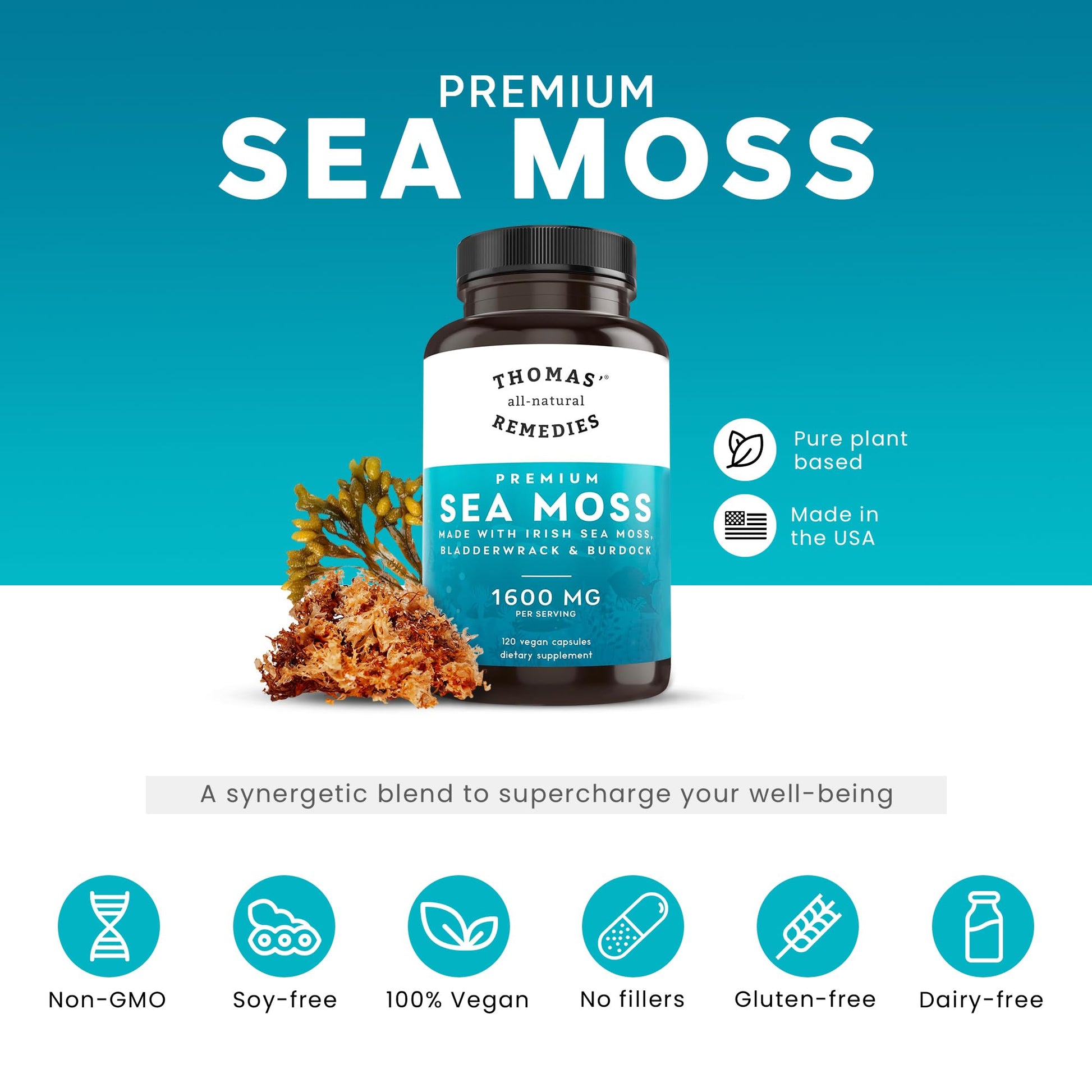 Thomas' all-natural Remedies Irish Sea Moss Capsules, Sea Moss with Bladderwrack & Burdock Root Organic for Gut Health, Digestion, Energy & Immune Support, 120 Seamoss Pills Thomas' all-natural Remedies buy supplements canada