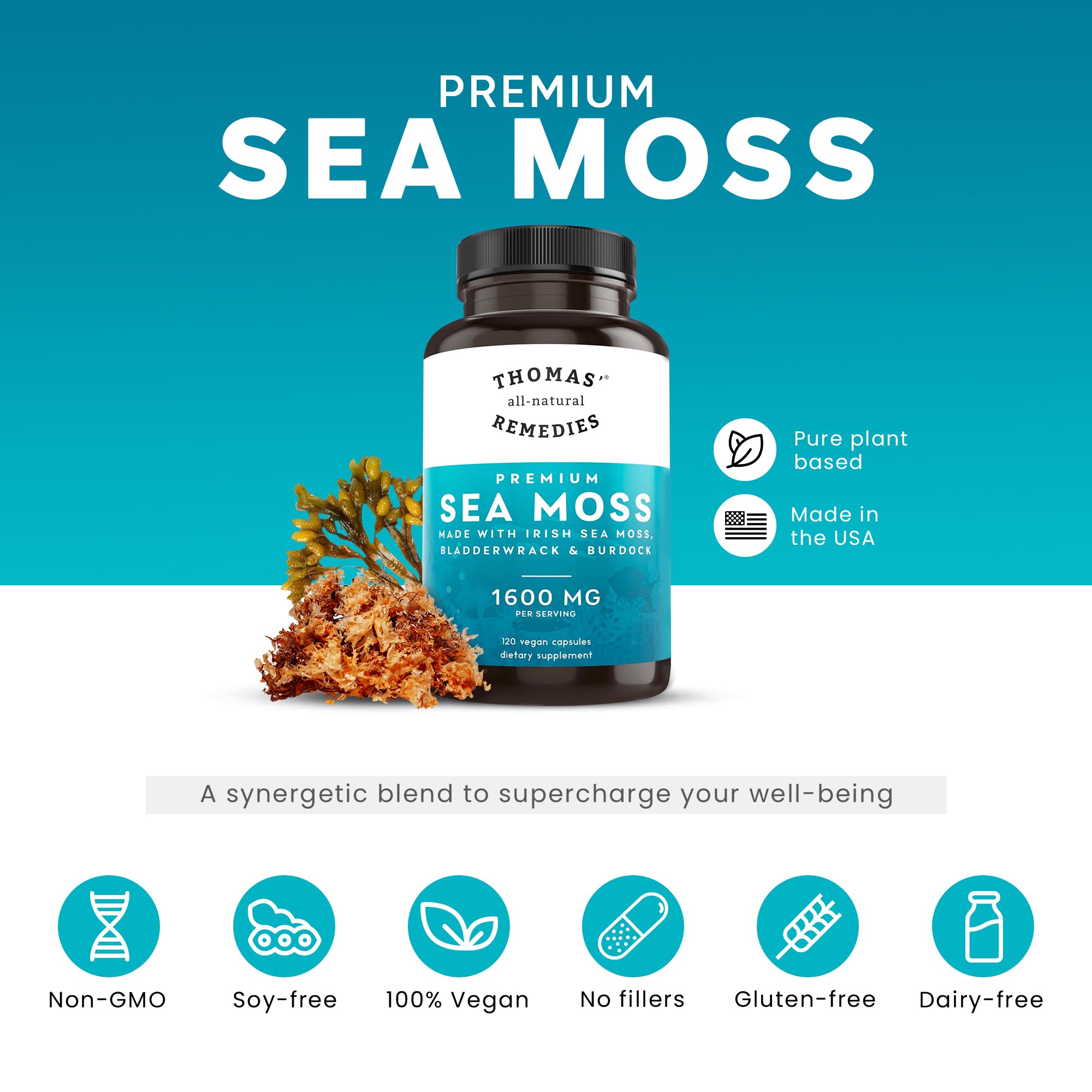 Thomas' all-natural Remedies Irish Sea Moss Capsules, Sea Moss with Bladderwrack & Burdock Root Organic for Gut Health, Digestion, Energy & Immune Support, 120 Seamoss Pills Thomas' all-natural Remedies buy supplements canada