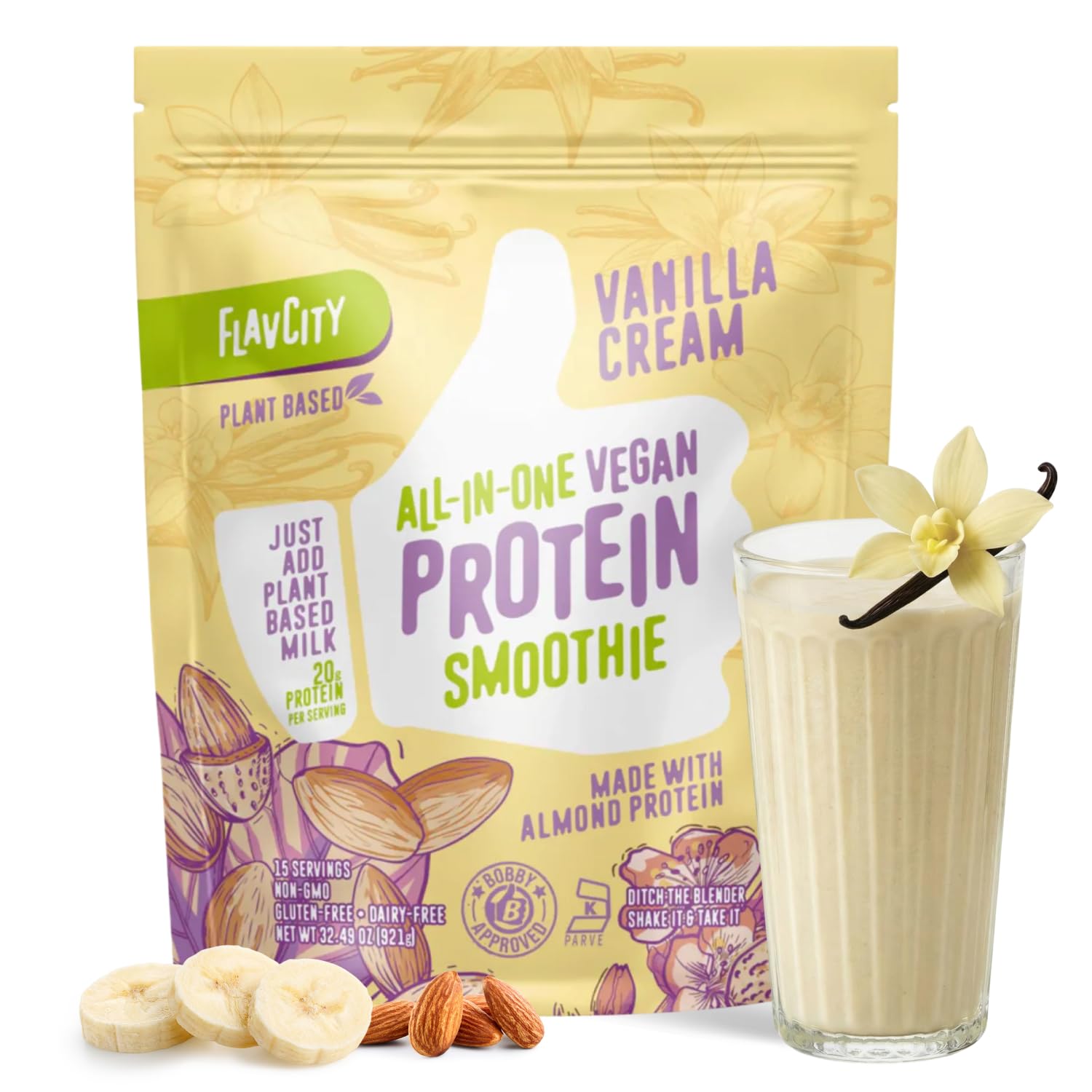 FlavCity Vegan Almond Protein Shake Powder, Vanilla Cream + Reishi & Cordyceps Mushrooms - Focus, Skin, Hair & Joint Support - Organic Fruit All in One Smoothie On-the-Go, 20 Servings FlavCity buy supplements canada
