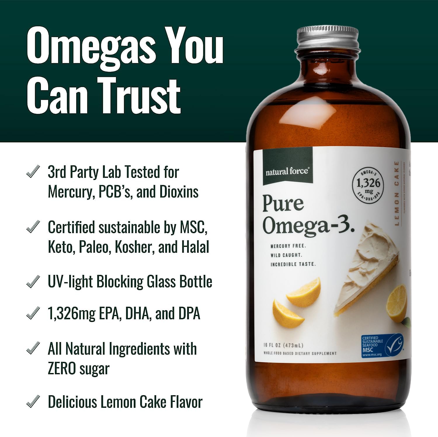 Natural Force Pure Omega 3 - Liquid Fish Oil - Delicious Lemon Cake Flavor - Mercury Free, Wild Caught, Lab Tested - 1,326 mg Triglyceride EPA, DHA, & DPA - 16 Oz Glass Bottle Natural Force buy supplements canada