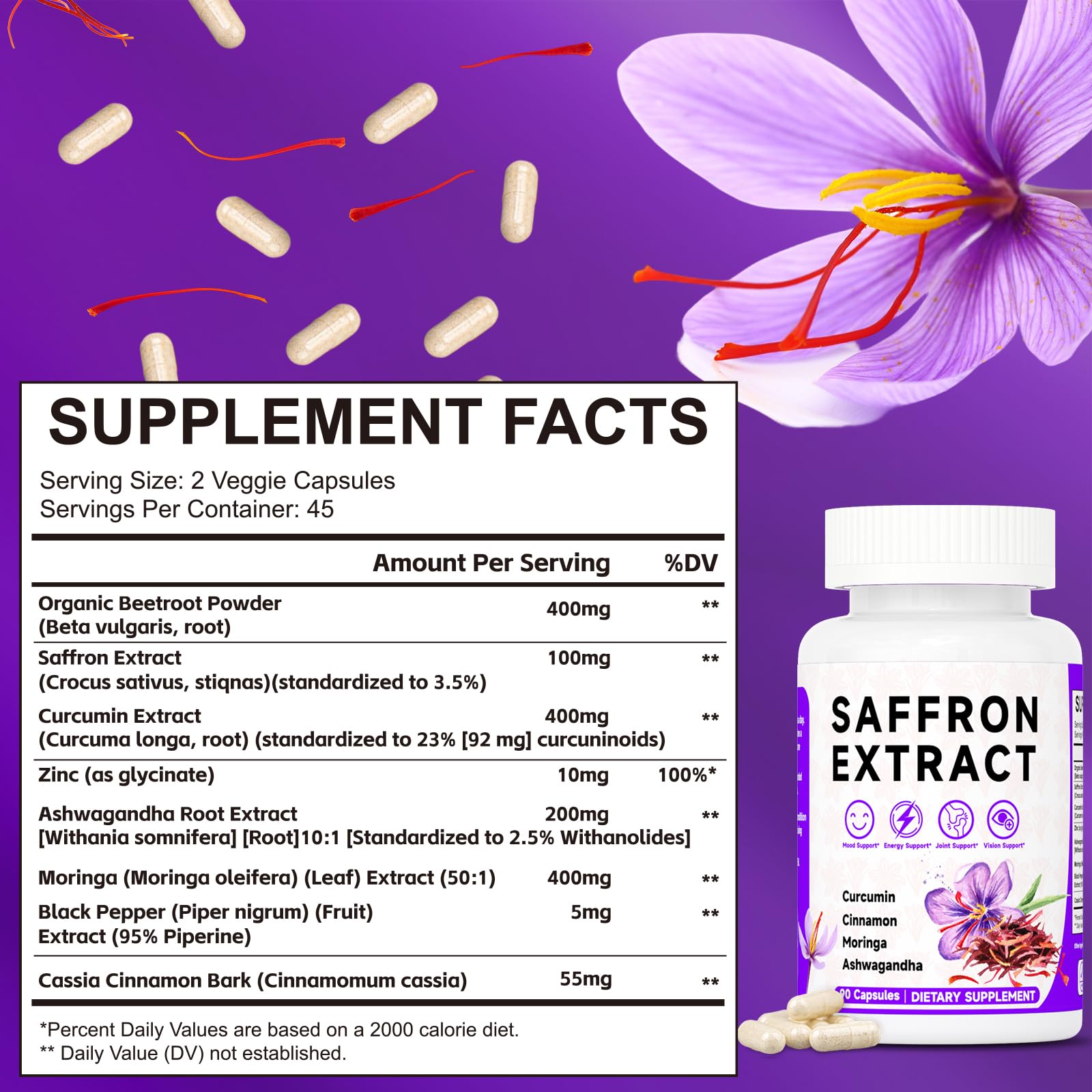 Happy Saffron Supplements, 100mg Saffron Extract, Saffron Blend with Turmeric & Ashwagandha, Supports Mood, Focus, and Energy Boost, 90 Capsules Mosslly buy supplements canada