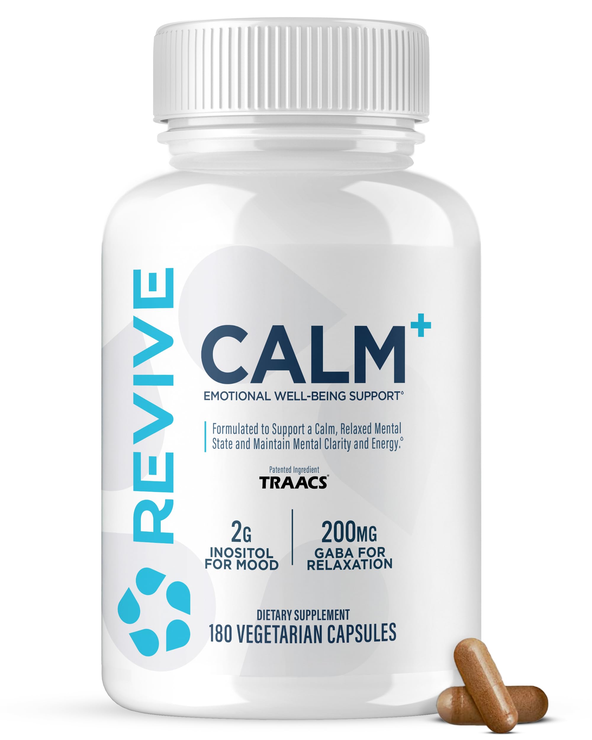 Revive MD Calm, Emotional Well-Being Support Supplement - Stress Management for Men & Women - Mood Enhancement Supplement Promotes Relaxation with L-Theanine, GABA & 5-HTP (180 Capsules, 30 Servings) Revive buy supplements canada