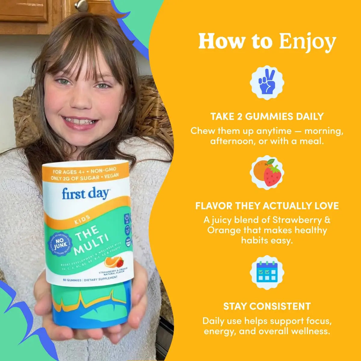 First Day Kids Multivitamin Gummies Age 4+, Strawberry & Orange - Kids Vitamins Multivitamin Gummy A C D3 K2 B1 B2 B6 B12 Folate, Immunity & Brain Function FIRST DAY buy supplements canada