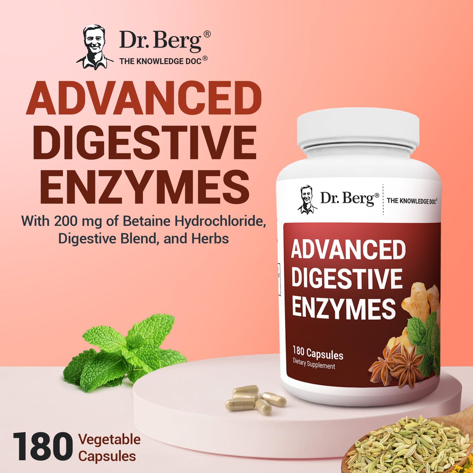 Dr. Berg Advanced Digestive Enzymes with Apple Cider Vinegar - Includes Digestive Health Ingredients Like Betaine Hydrochloride (HCI), Ginger Root & Peppermint Leaf - 180 Capsules Dr. Berg Nutritionals buy supplements canada