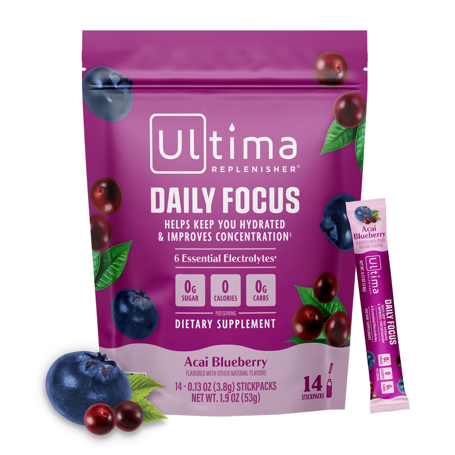Ultima Replenisher Daily Focus Supplement & Electrolytes Powder - Acai Blueberry, 14 Stickpacks - Hydration Packets, 60mg Caffeine from Green Tea Extract & L-Theanine Ultima Replenisher buy supplements canada