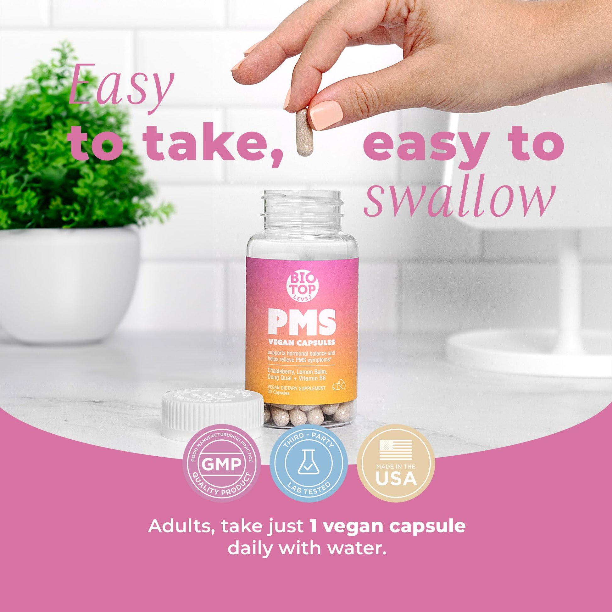 BIOTOPLEVEL PMS Support Supplement for Women & PMS Relief, Hormone Balance & Menstrual Period Relief for Cramps, Bloating & Mood Swings with Chasteberry, Vitamin B6, Lemon Balm, Dong Quai, 30 Count BIOTOPLEVEL buy supplements canada