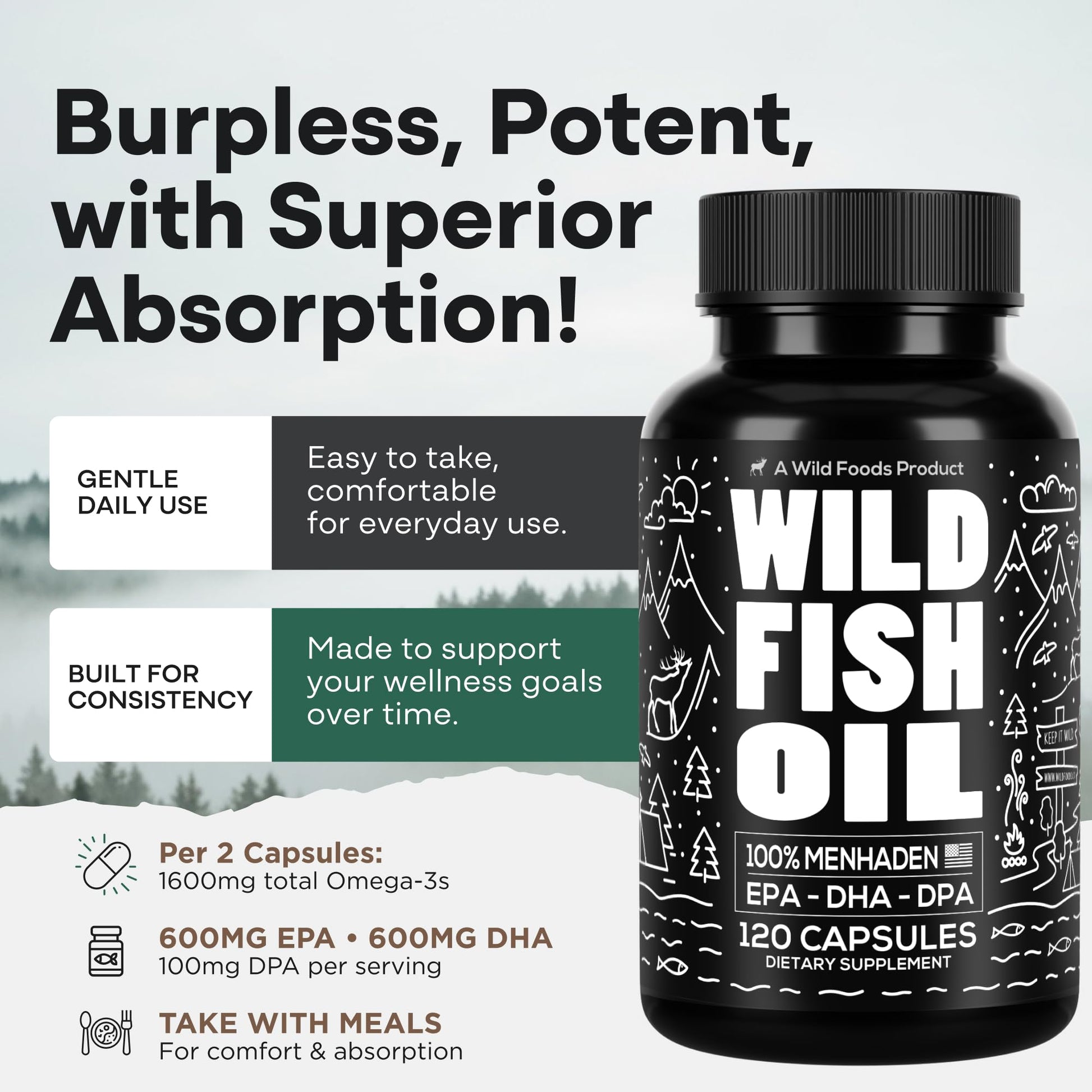 Wild Foods Omega 3 Fish Oil Supplement, 120 Capsules (1 pk) | Wild Caught, Burpless, Odorless, Non-GMO, Gluten Free | DPA, DHA, EPA Triple Strength Heart & Joint Nutrition for Women & Men Wild Foods buy supplements canada