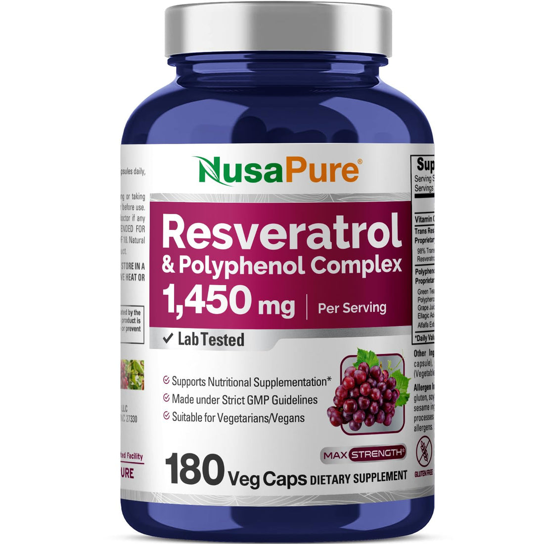 NusaPure Resveratrol & Polyphenol Complex 1450mg 180 Vegetarian Caps (Non-GMO, Vegan) Vitamin C NusaPure buy supplements canada