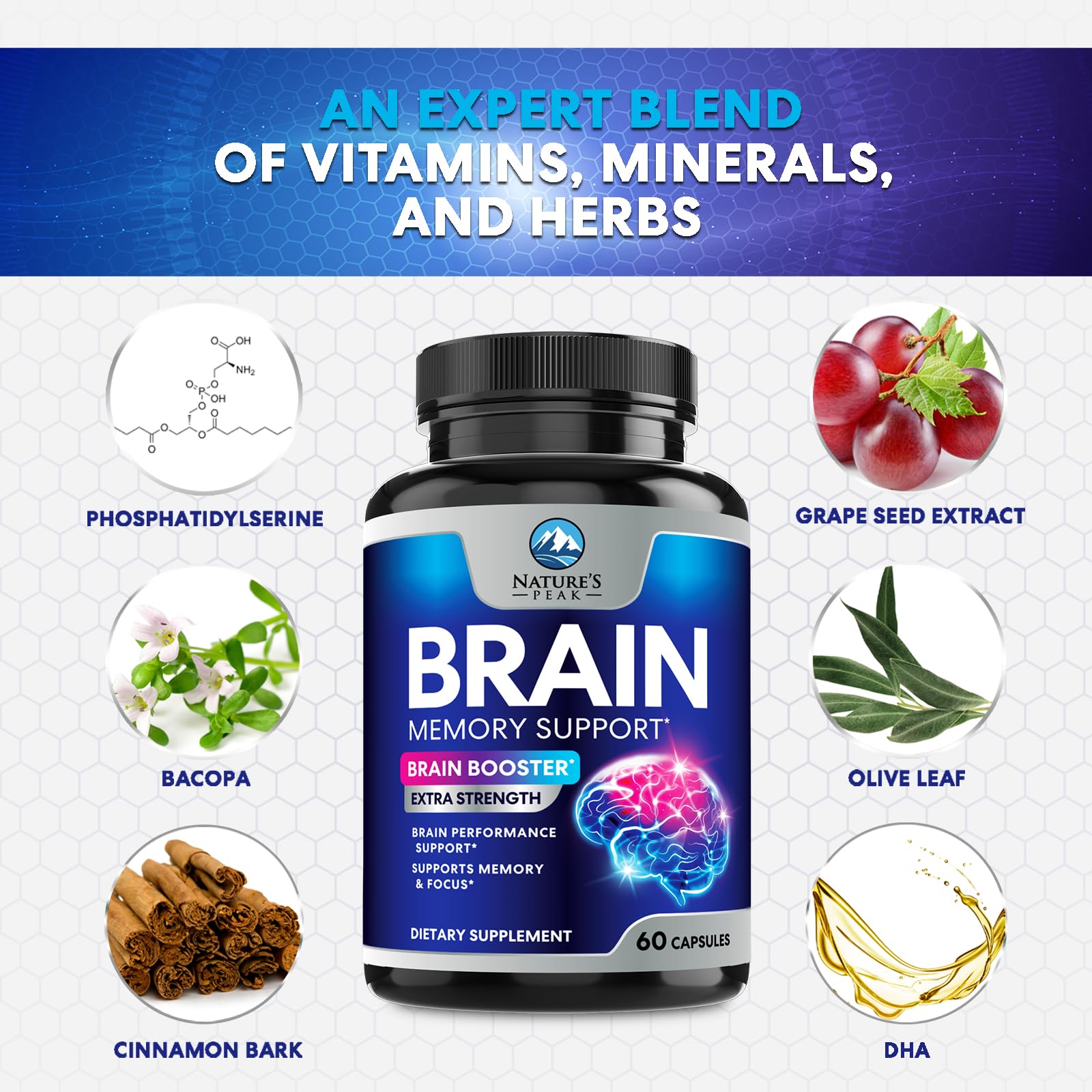 Brain Memory Supplement - 3X Strength Nootropics for Concentration, Clarity & Focus Support - Brain Health Cognitive Vitamins with Bacopa, Phosphatidylserine & DMAE, Brain Booster Pills, 60 Capsules Nature's Peak buy supplements canada