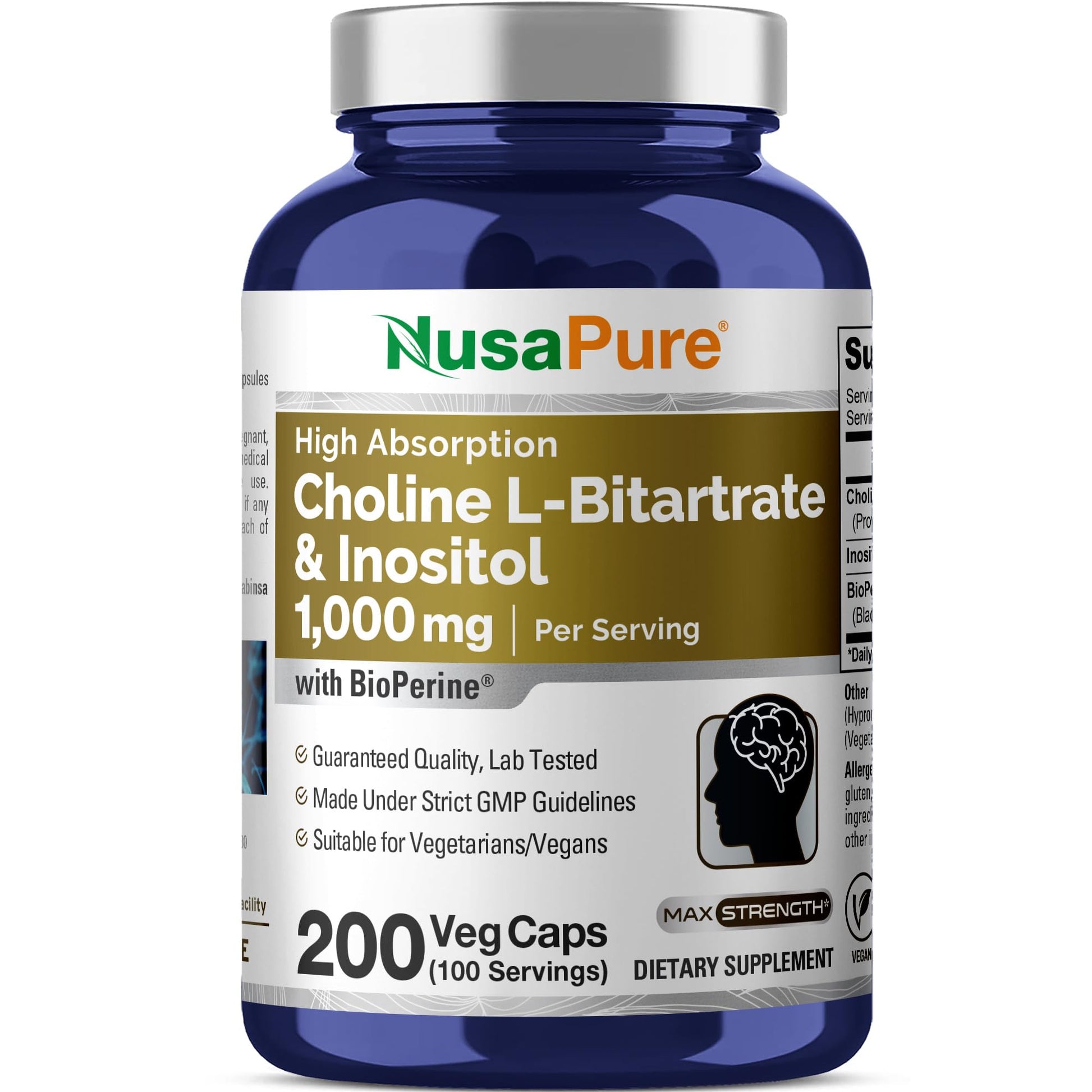 NusaPure Choline & Inositol - Suitable for Vegetarian/Vegan, Non - GMO - 1000mg - 200 Veggie Capsules NusaPure buy supplements canada