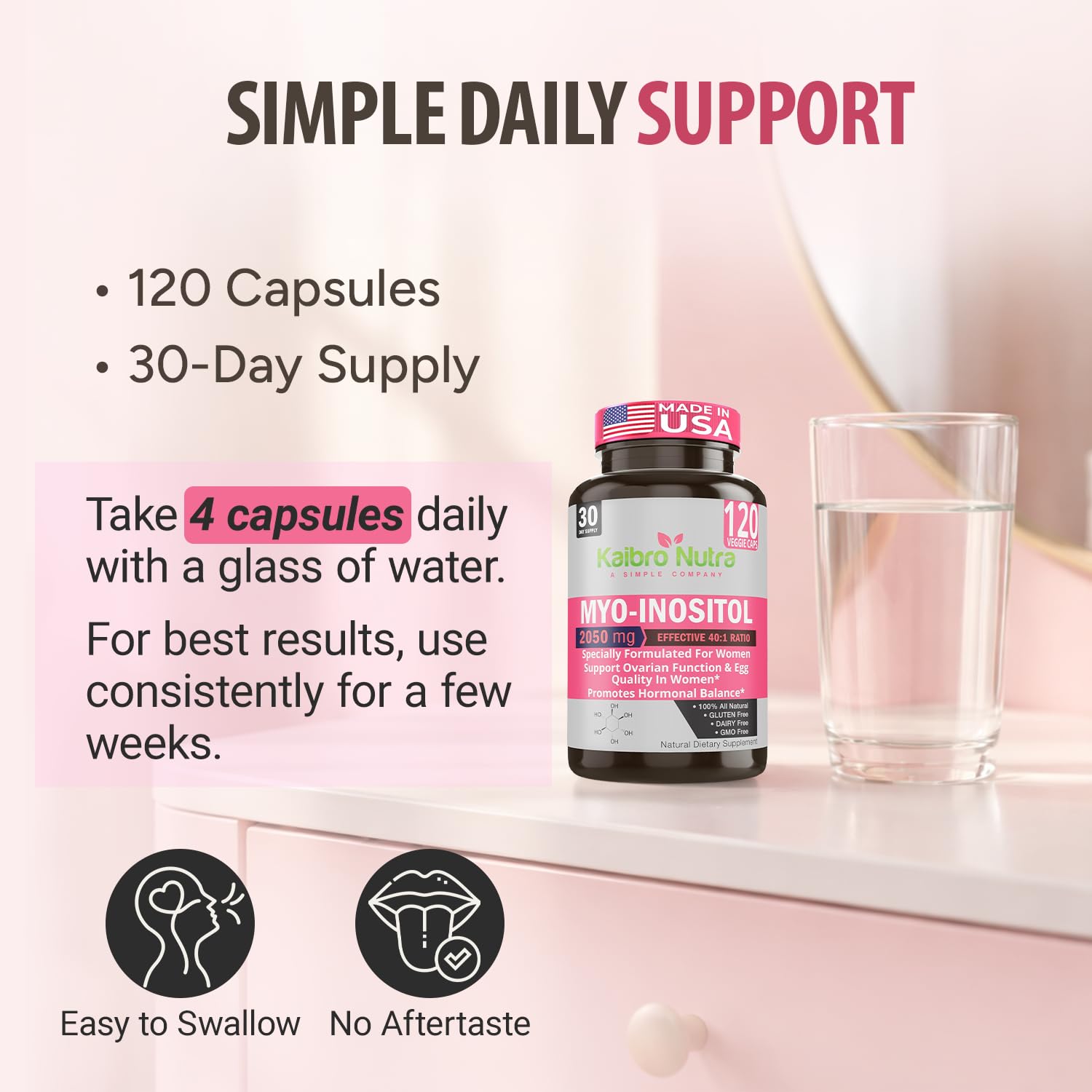 Kaibro Nutra Myo-Inositol Supplement, Myo-Inositol & D-Chiro Inositol 40:1 Ratio, Hormone Balance & Ovarian Support for Women with Vitamin B8, 2050mg, Vegan, Non-GMO Capsules 120 Count Kaibro Nutra buy supplements canada