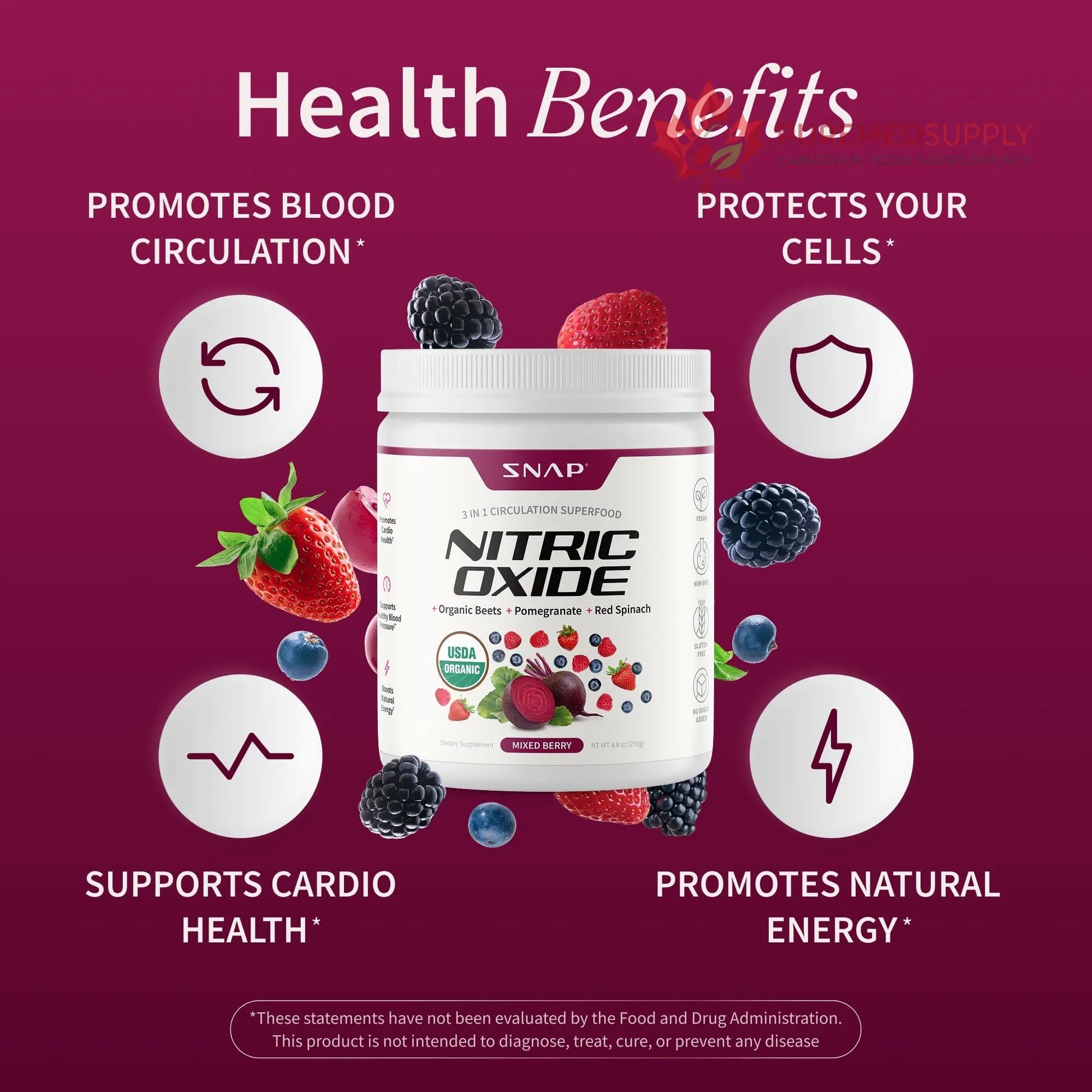 Snap Supplements Organic Beet Root Powder Nitric Oxide Supplement for Men & Women, Red Spinach & Pomegranate, Supports Healthy Energy & Blood Pressure Already in Normal Range, 30 Servings, Mixed Berry Snap Supplements buy supplements canada