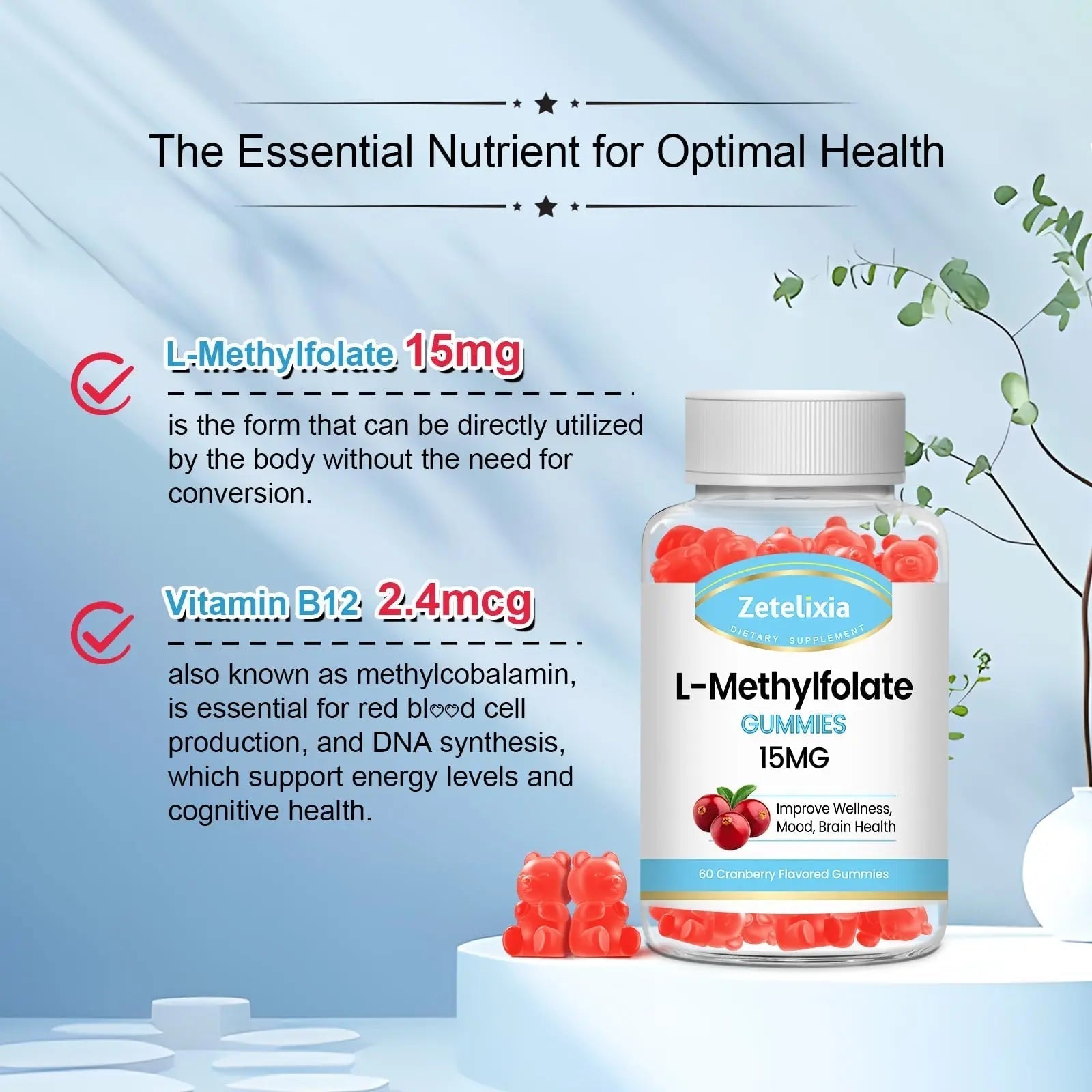 Zetelixia 2 Pack L-Methylfolate 15mg & Methyl B12 Gummies, Folate Supplement for Brain Health, Mood & Immunity, DNA Synthesis & Repair Zetelixia buy supplements canada