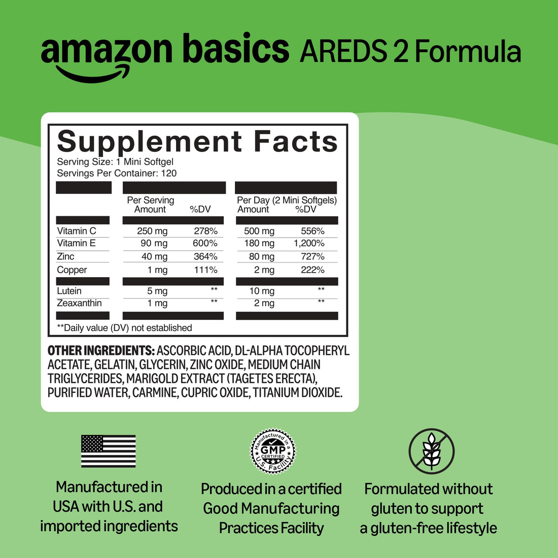 Amazon Basics Eye Vitamin and Mineral Supplement, AREDS 2 Formula with Lutein & Zeaxanthin, 120 Softgels Amazon Basics buy supplements canada