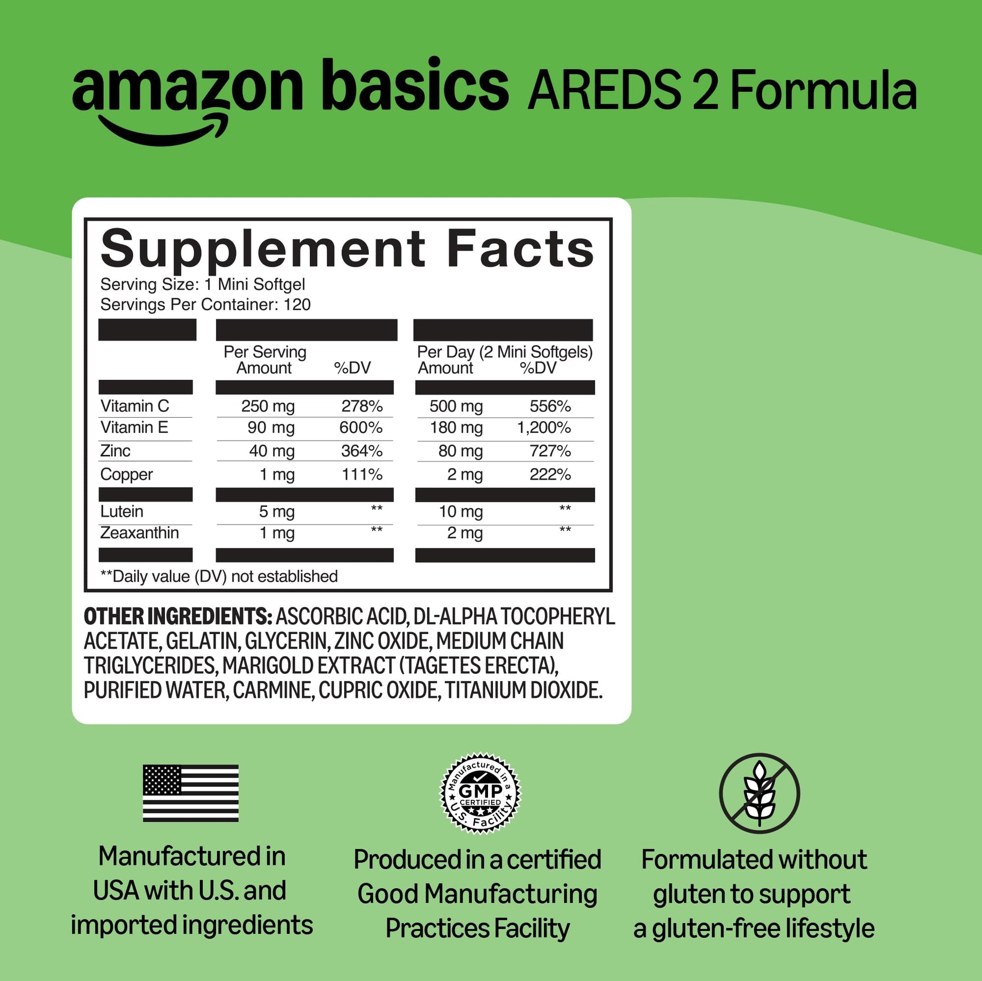 Amazon Basics Eye Vitamin and Mineral Supplement, AREDS 2 Formula with Lutein & Zeaxanthin, 120 Softgels Amazon Basics buy supplements canada