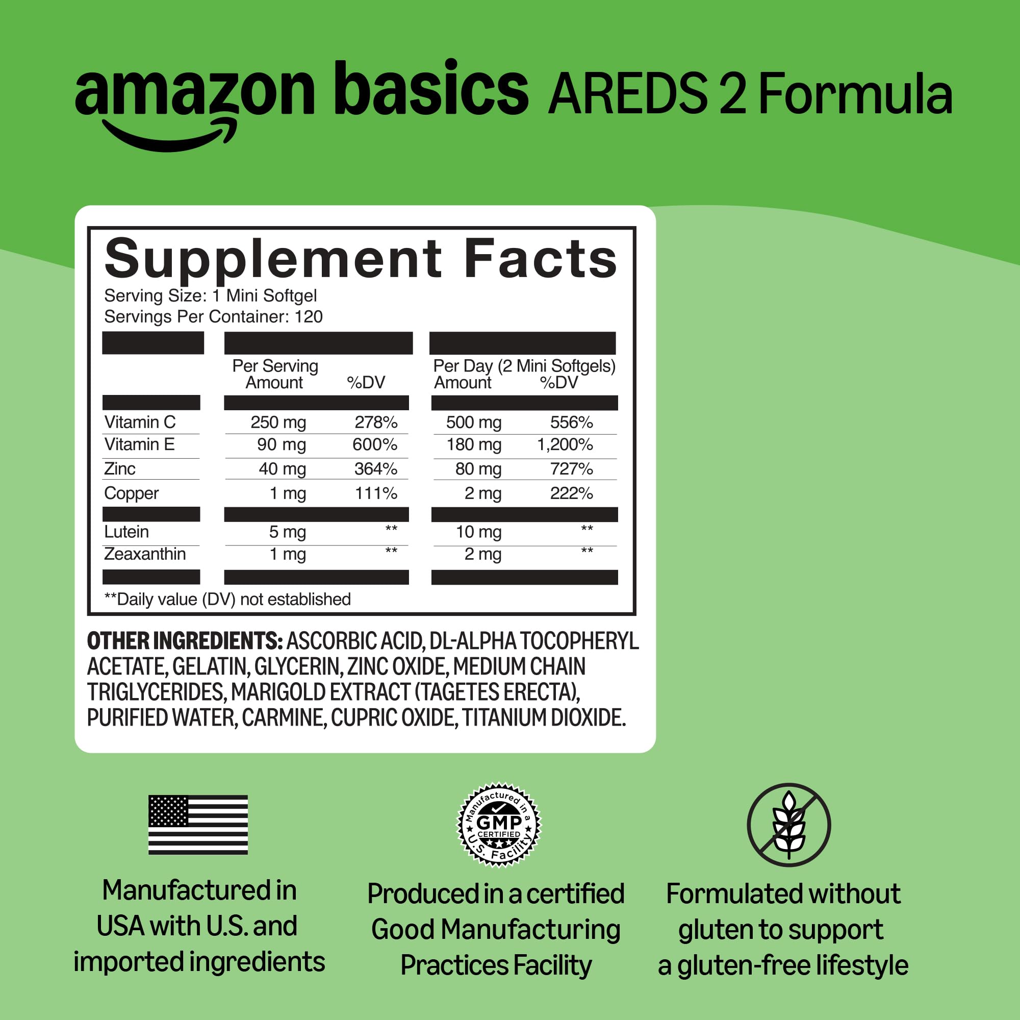 Amazon Basics Eye Vitamin and Mineral Supplement, AREDS 2 Formula with Lutein & Zeaxanthin, 120 Softgels Amazon Basics buy supplements canada