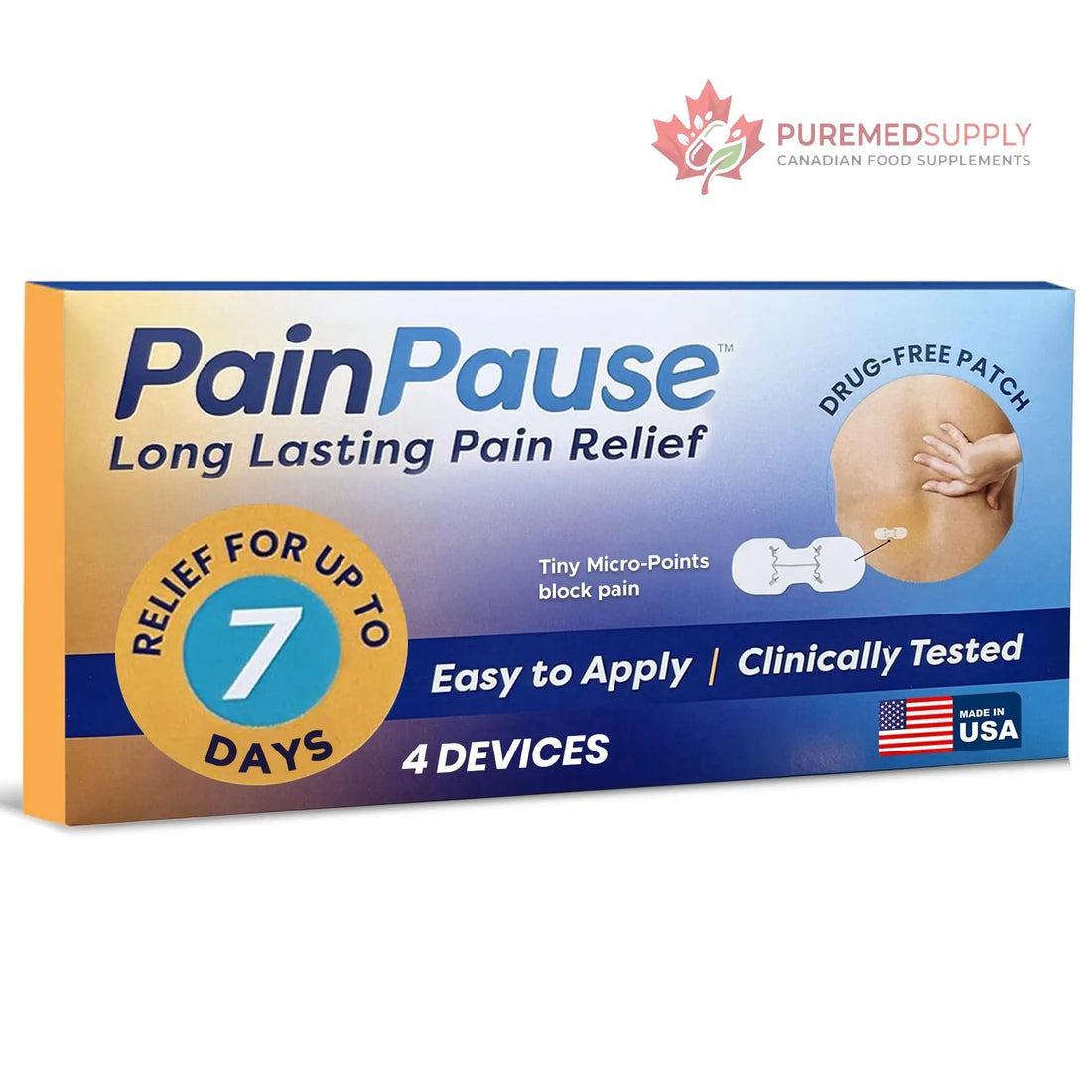 PainPause Long Lasting Pain Relief - Back, Hip, Knee, Neck, Plantar Fasciitis, and Others - Relief for Up to 7 Days, Clinically Tested, 4 Devices in 2 Pouches PainPause buy supplements canada
