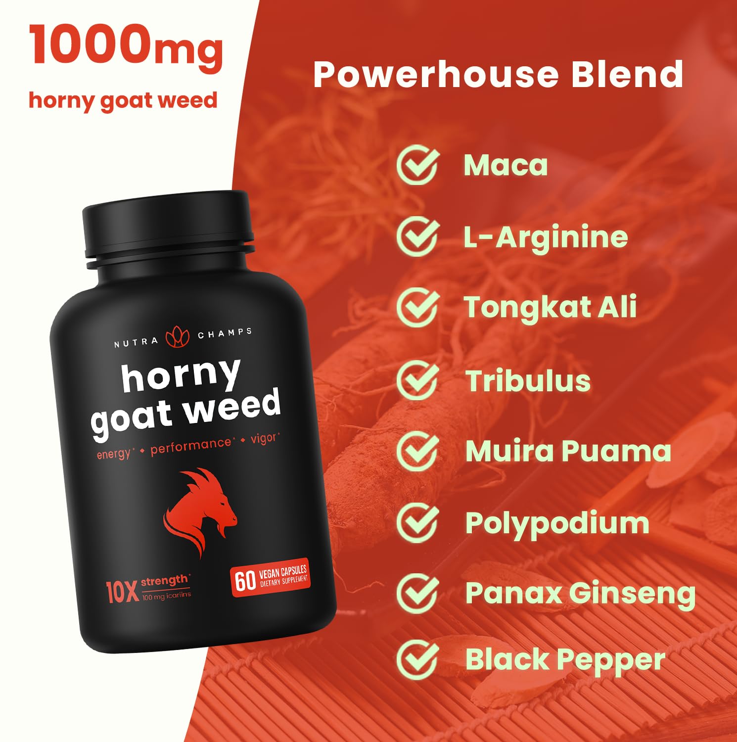 NutraChamps Horny Goat Weed, 1000mg Epimedium Energy Supplement, 10X Strength Icariin, Ginseng, Tribulus & Maca Pills for Women & Men, Enhanced Absorption with Black Pepper, 60 Vegan Capsules NutraChamps buy supplements canada