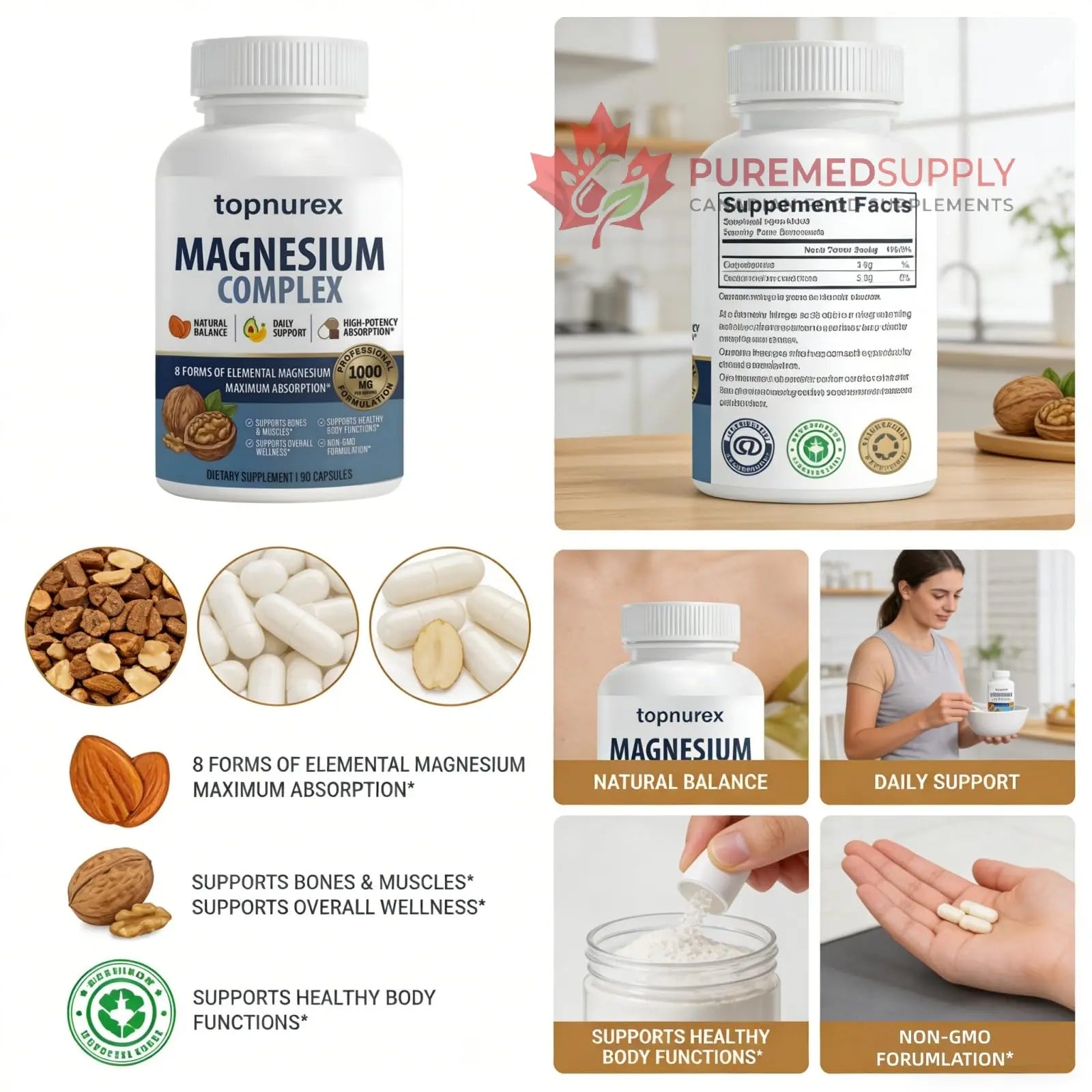 Topnurex Magnesium Complex for Women & Men - 1000mg High Absorption, 8 Essential Magnesium, 90 Capsules Topnurex buy supplements canada