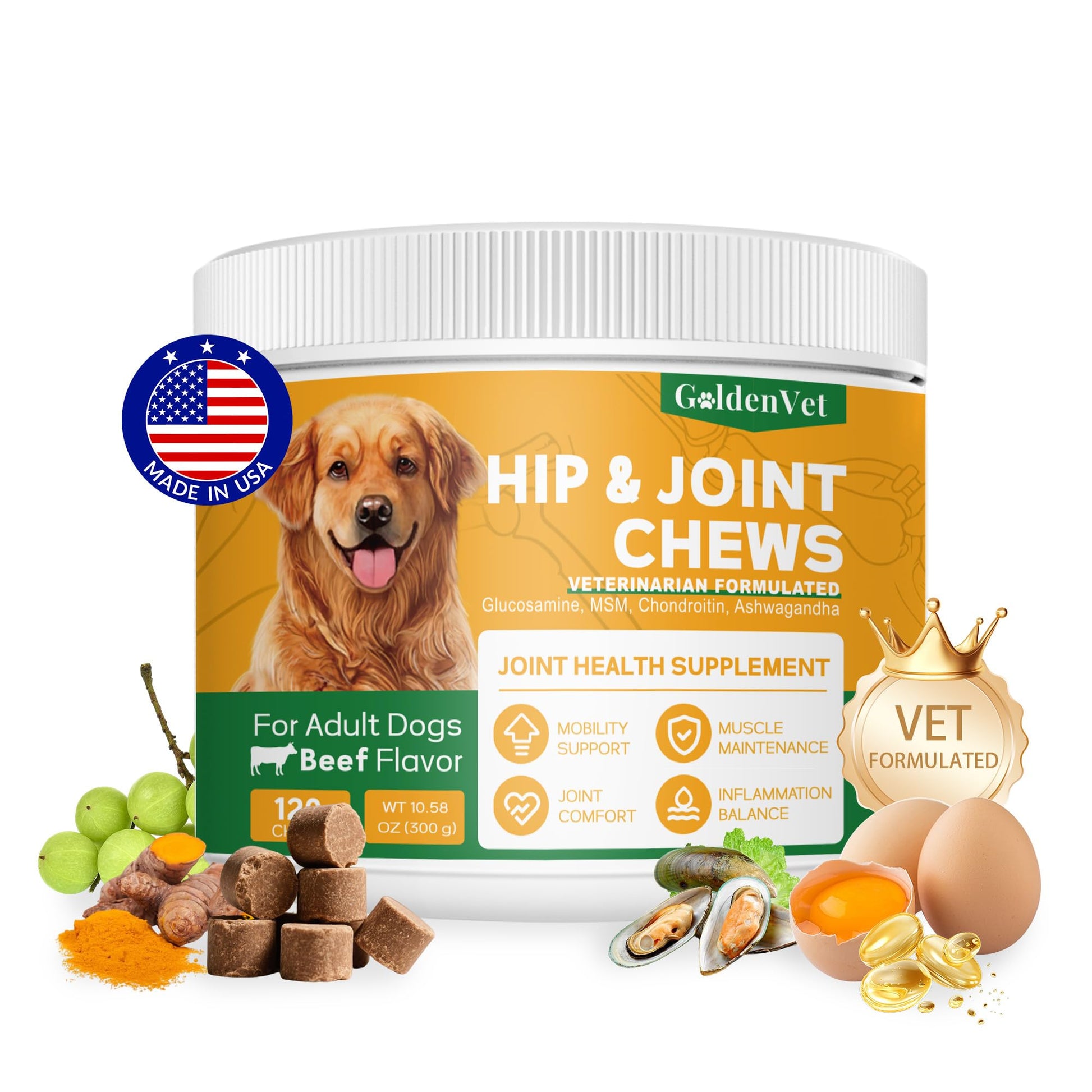 Hip and Joint Chews for Senior Dogs with Glucosamine HCL, Chondroitin, Green-lipped Mussel, Ashwagandha for Anti Inflammatory, Mobility Support, Muscle Maintenance, Joint Comfort 120 Ct GOLDENVET buy supplements canada