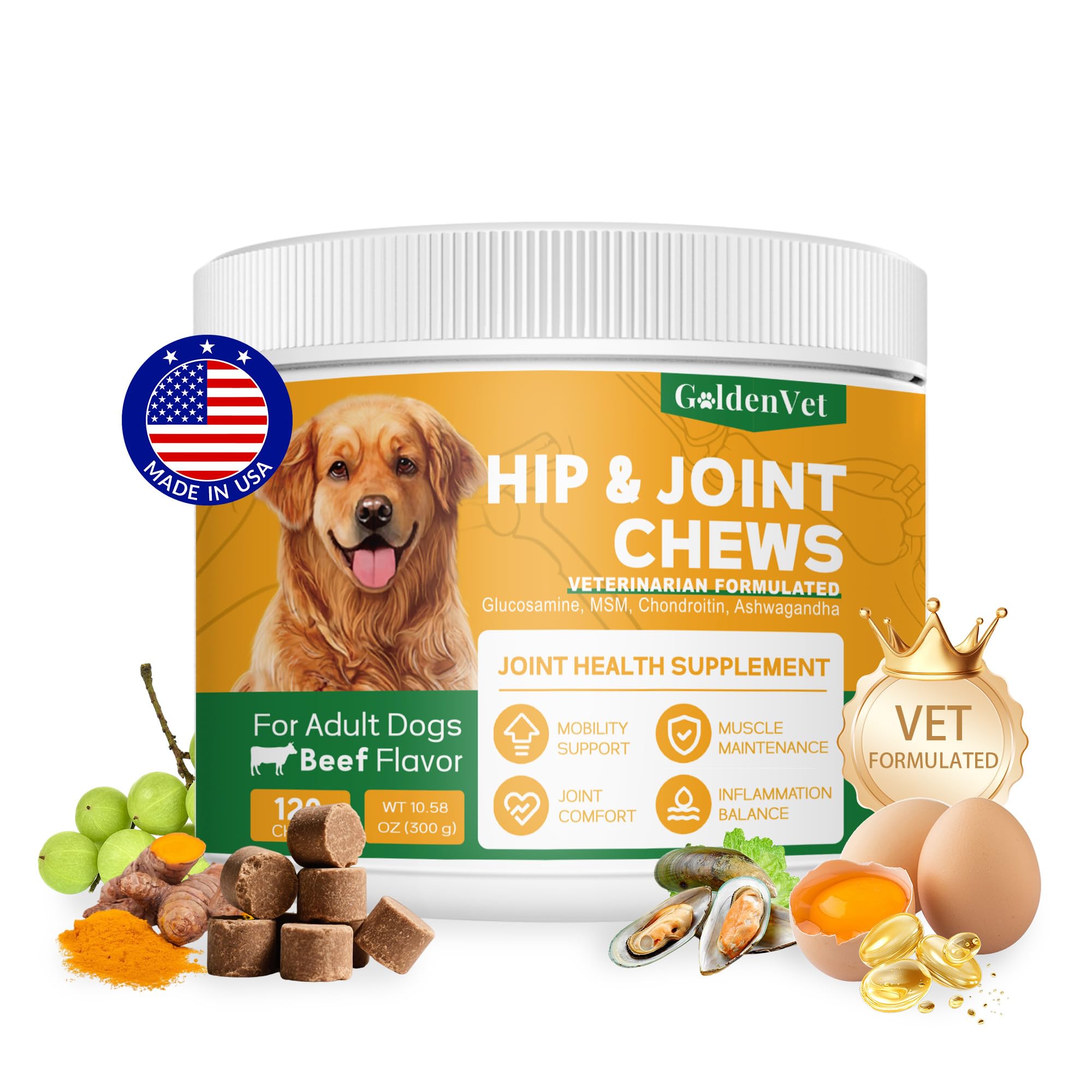 Hip and Joint Chews for Senior Dogs with Glucosamine HCL, Chondroitin, Green-lipped Mussel, Ashwagandha for Anti Inflammatory, Mobility Support, Muscle Maintenance, Joint Comfort 120 Ct GOLDENVET buy supplements canada
