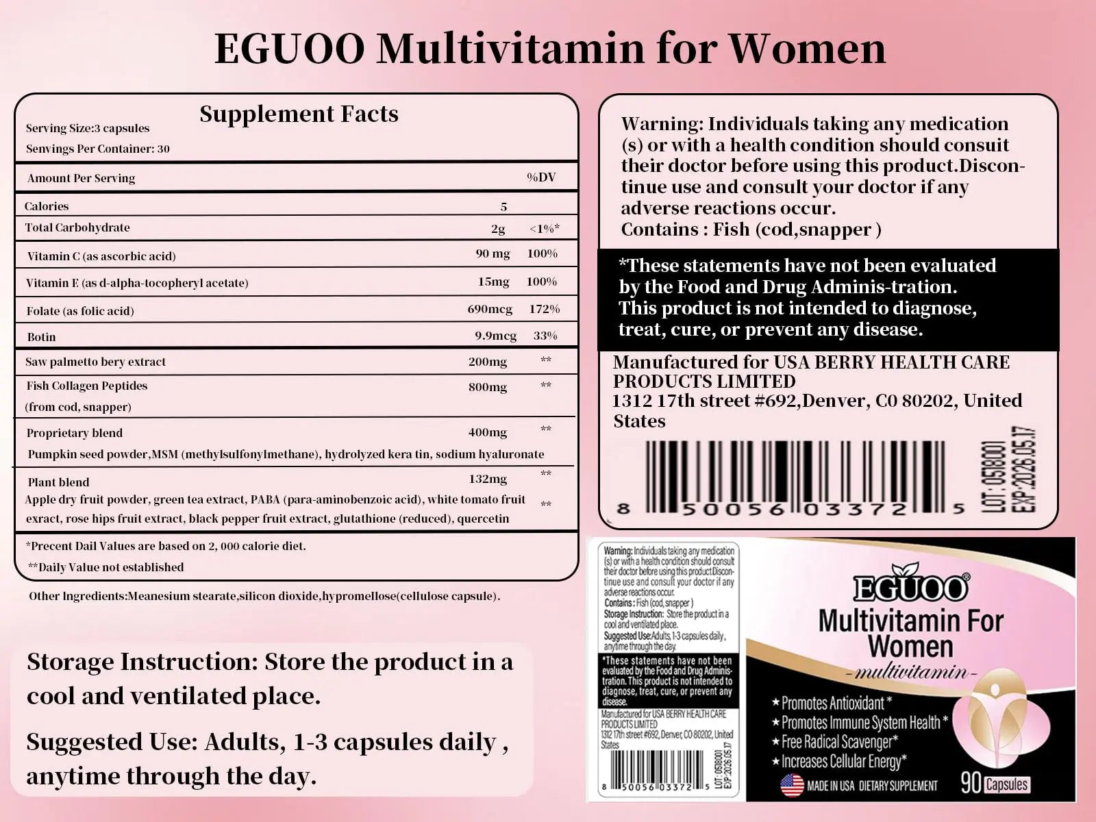 EGUOO Women’s Multivitamin 90 Capsules - Vitamin C, E, Biotin & Folic Acid for Energy, Immune Support, Brain, Heart, Eye & Bone Health EGUOO buy supplements canada