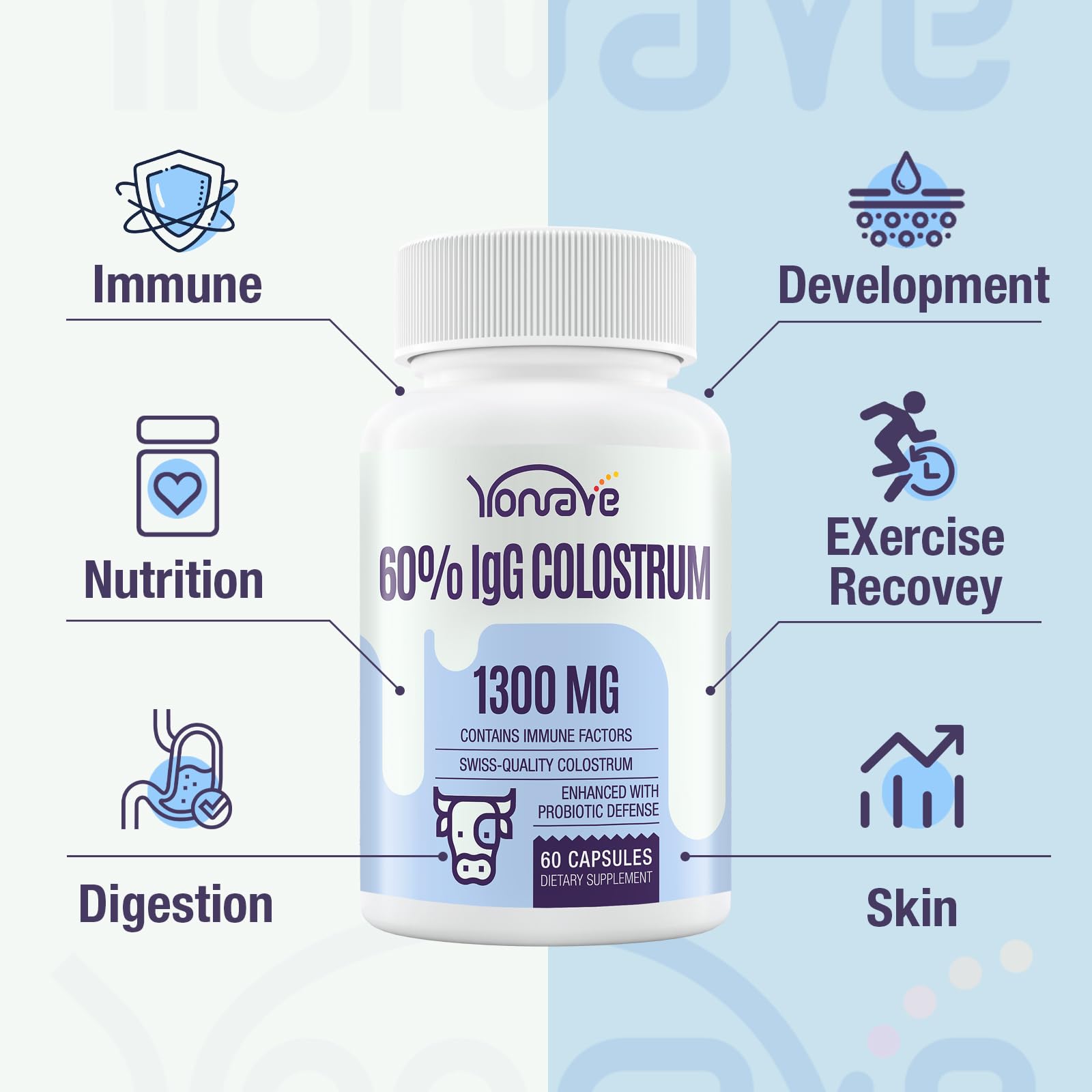 Yonrave Bovine Colostrum Capsules Supplement 1300mg - Extra High 60% IgG Bovine Colostrum - Gut, Bone, Exercise, Immune - 60 Capsules Yonrave buy supplements canada