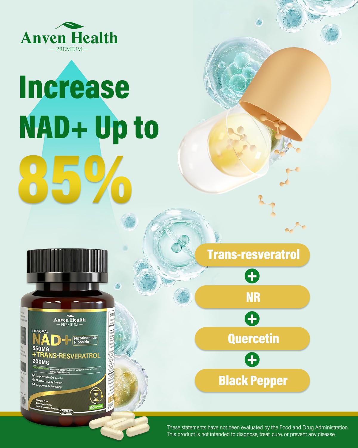 Anven Health Liposomal NAD+ Resveratrol Supplement - NMN Alternative with Trans-Resveratrol, Quercetin & Fisetin - NAD Plus for Women and Men, Cellular Energy & Healthy Aging, Non-GMO | 180 Capsules Anven Health buy supplements canada