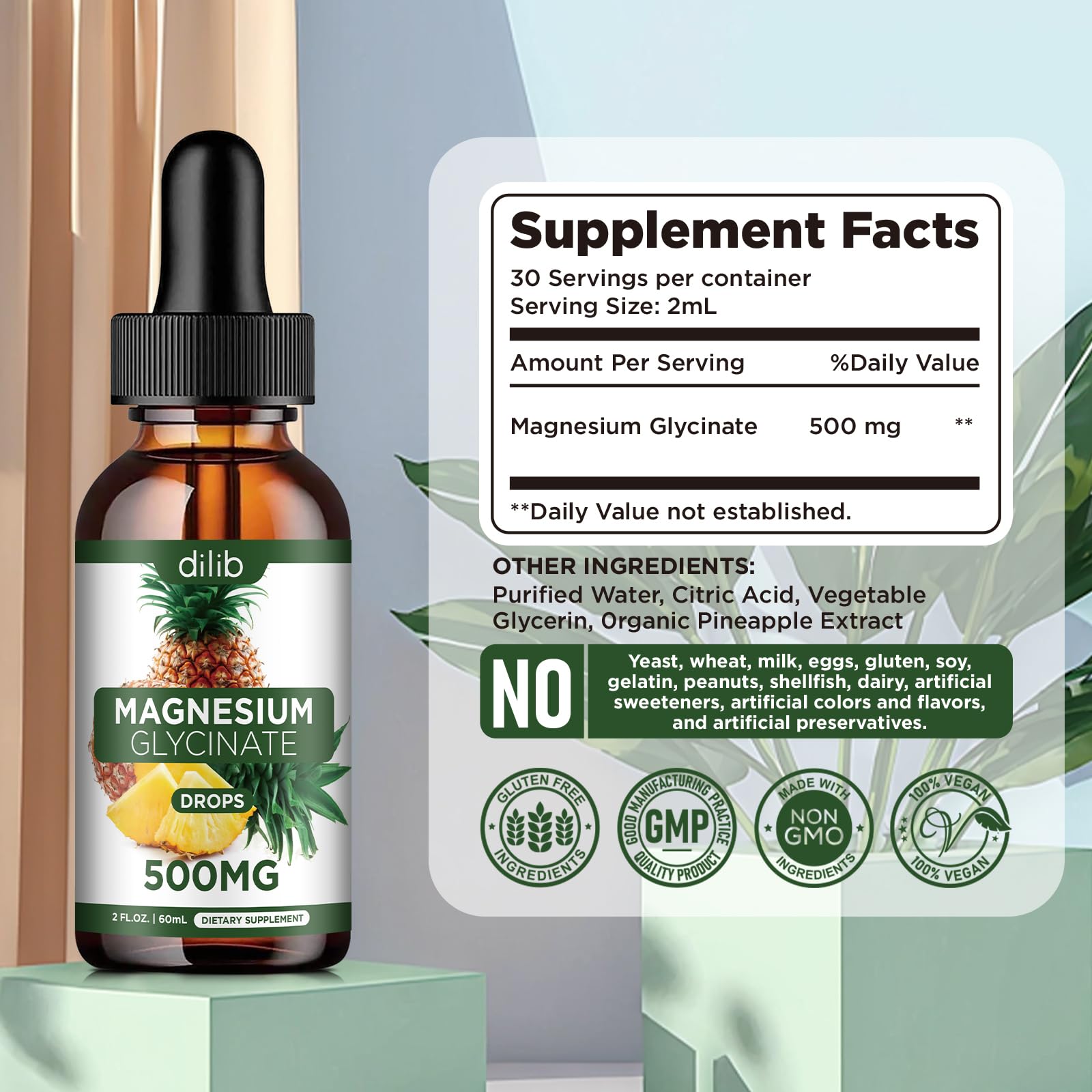 Magnesium Glycinate Supplement, Liquid Magnesium Glycinate Liquid Drops 500mg-Support Stress Relief, Relaxation, Mood, Sleep, Bone & Muscle-2 Fl Oz, Vegan, Pineapple Flavor dilib buy supplements canada