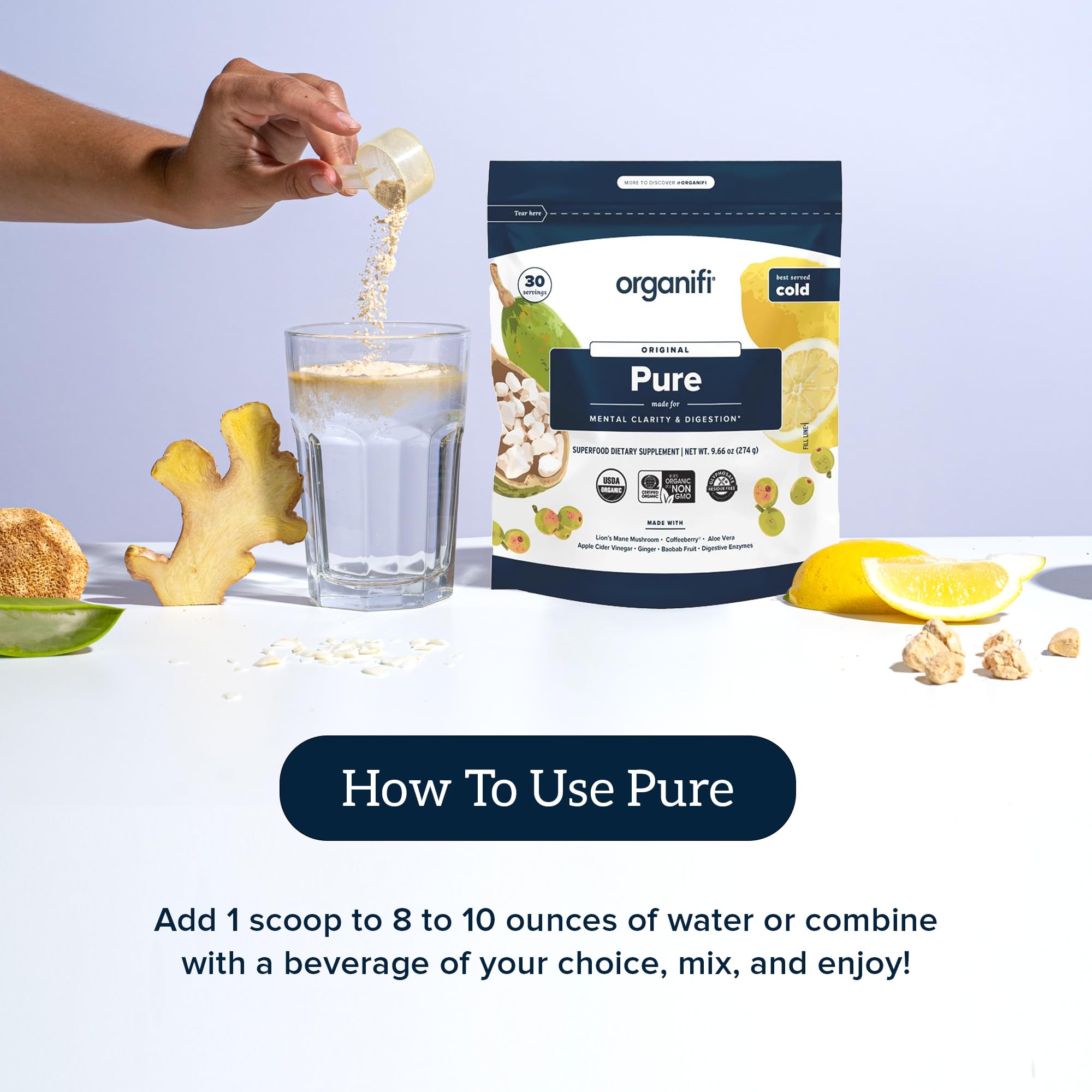Organifi Pure - Promotes Stimulation in Learning, Memory, Focus, and Clarity - Brain Support with Superfoods - Gluten-Free and Non GMO - Best Served Cold, 30 Servings Organifi buy supplements canada