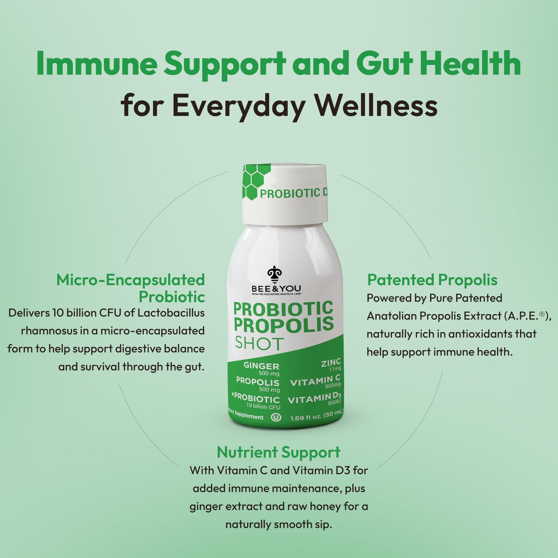 Bee and You Propolis Immune Shot, Probiotic, Vitamin C, Vitamin D3, Zinc, Ginger, Immune Support, Gut Health, Digestive Health, Bioactive 1.69 Fl. oz, 12 Pack BEE & YOU buy supplements canada