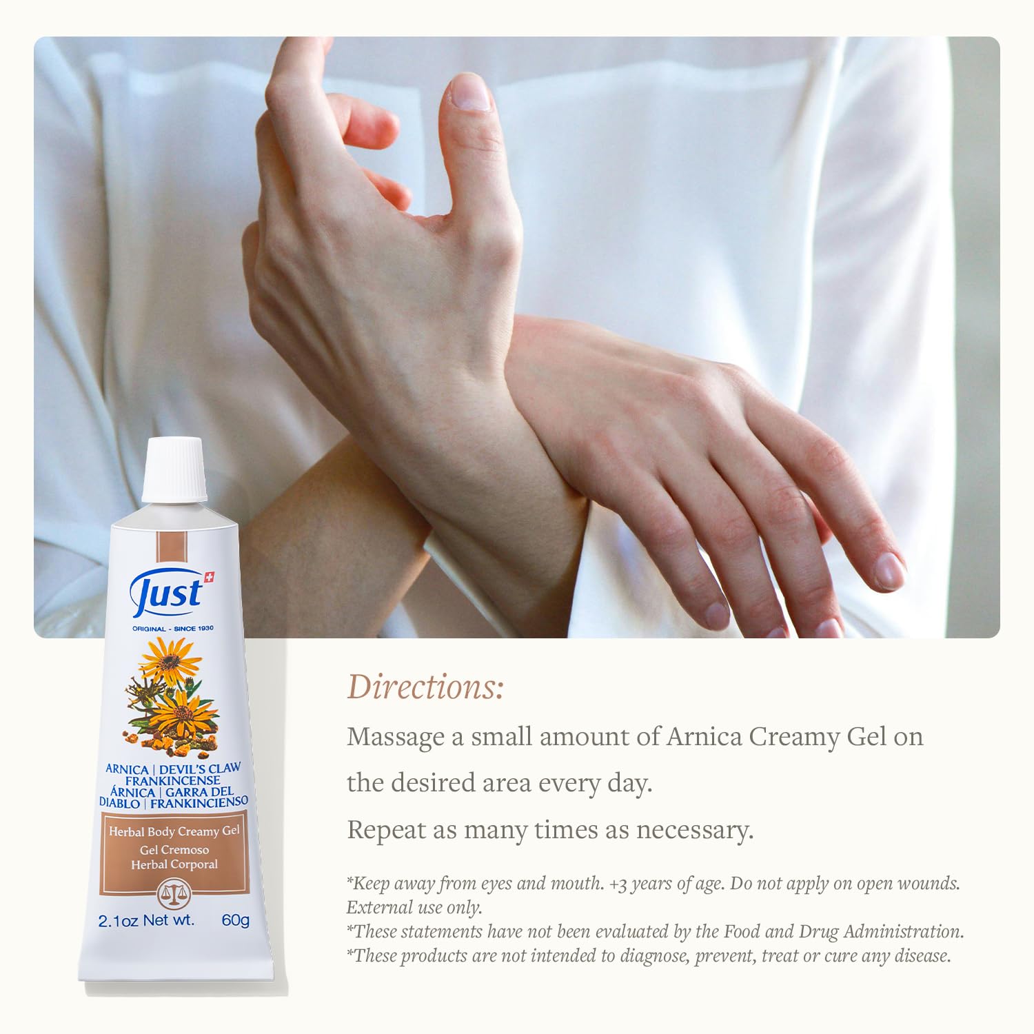 Swiss Just Arnica Gel, Arnica Creamy Gel 60g. Arnica Cream w/Devils Claw & Frankincense Oil. A Gentle Massage Cream on Wrists, Fingers, Knees, Ankles, Joints, Waist, Neck, and Back. SwissJust buy supplements canada