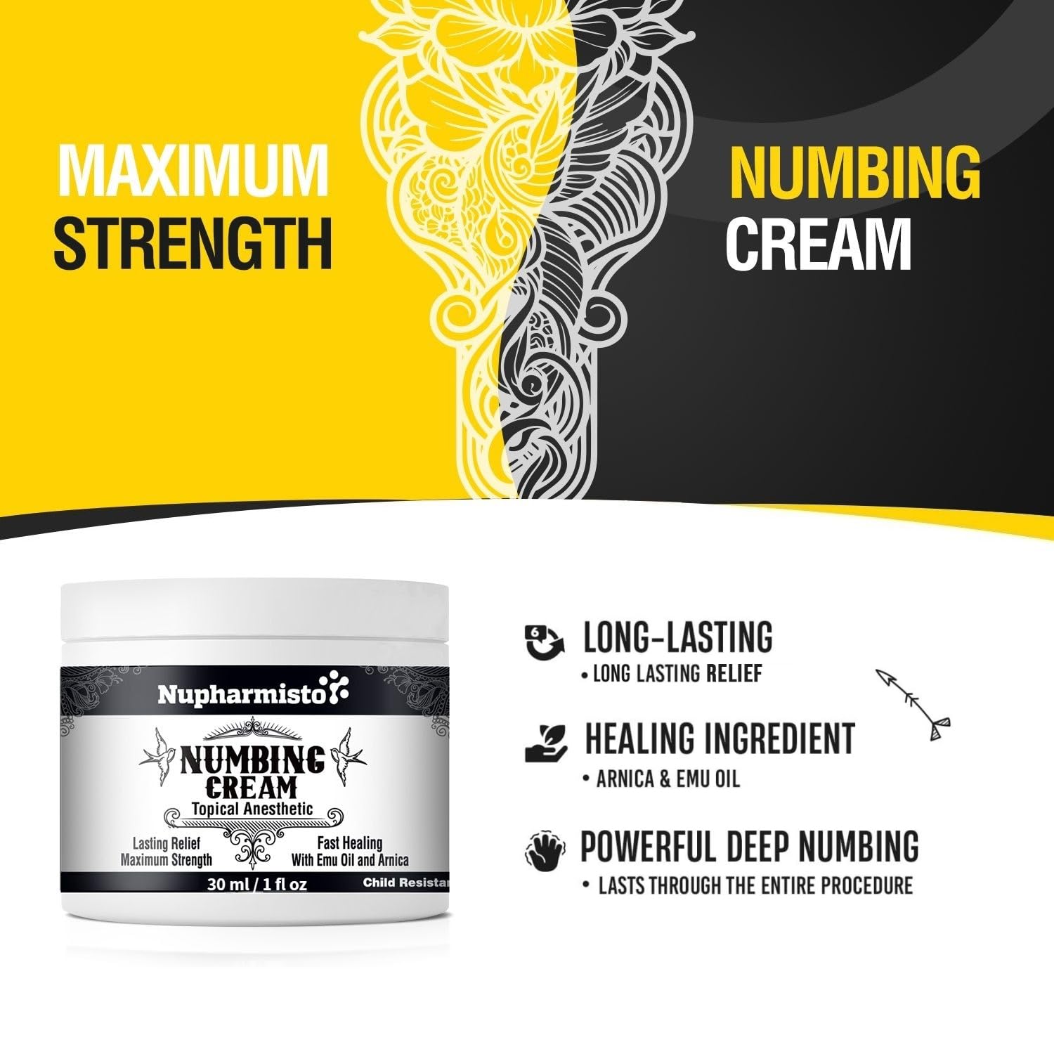 Nupharmisto Numbing Cream Maximum Strength : Long Lasting Numbing Cream with 5X Numbing - Emu Oil and Arnica 30 ml / 1 fl oz Nupharmisto buy supplements canada