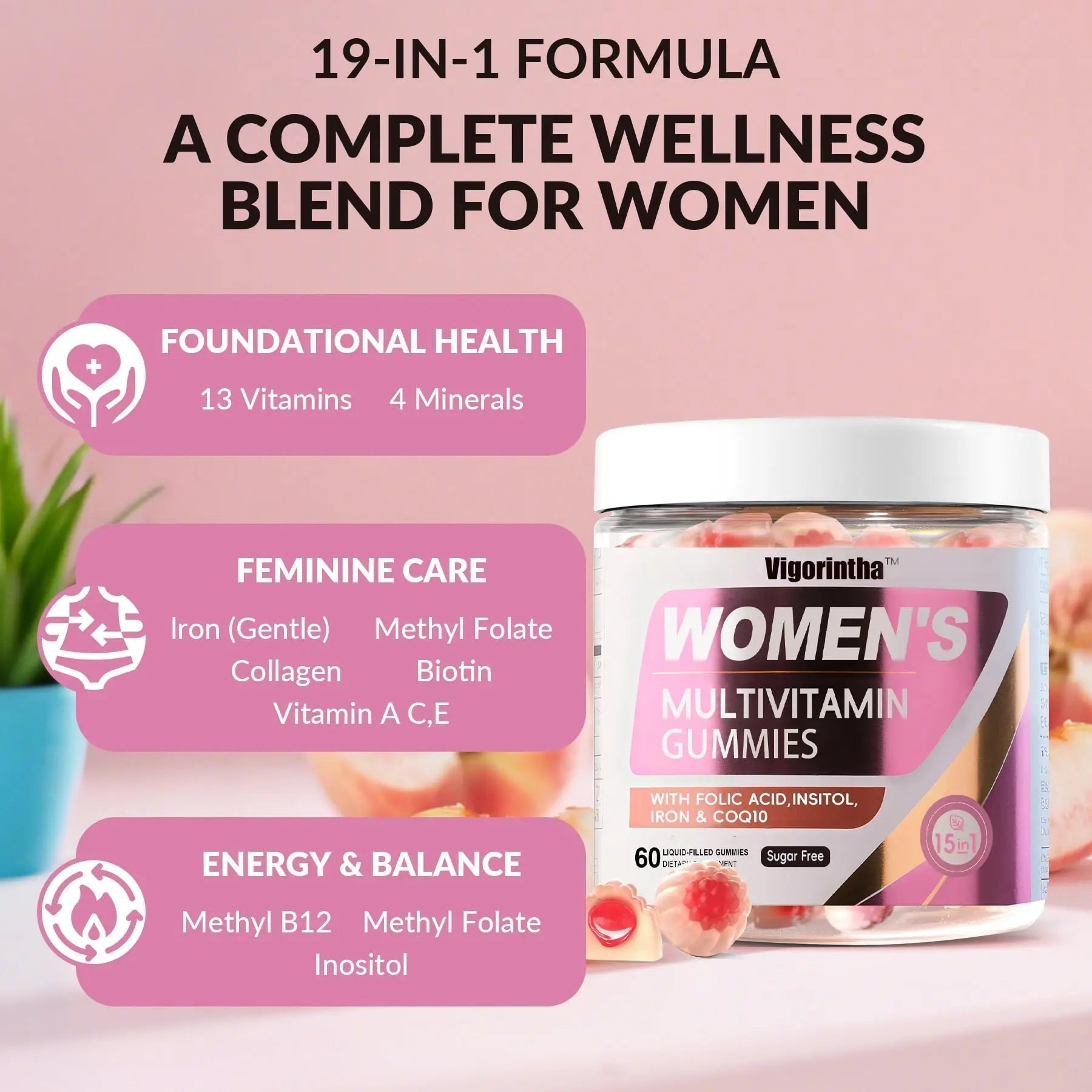 Vigorintha 2 Pack Sugar Free Womens Multivitamin Gummies with 19 Multi Vitamins & Minerals,Iron,Calcium,Folate,Biotin,Inositol Vigorintha buy supplements canada