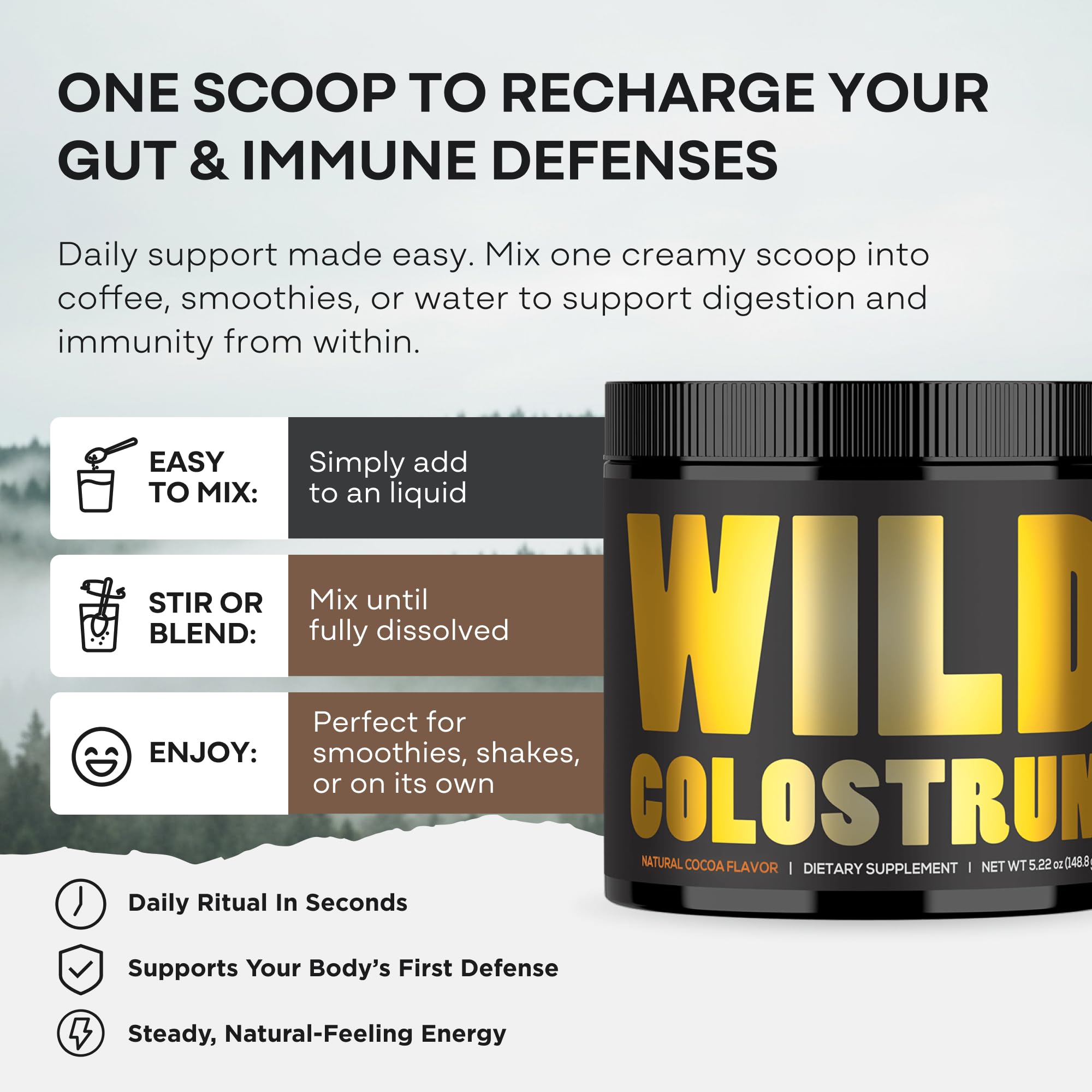 Colostrum Supplement - Grass Fed Pure Bovine Colostrum Powder - 2000mg & 400mg IgG (calostro bovino) - Gut, Immunity, Skin, Hair Support - Sugar Free, Natural Cacao Flavour, 30 Servings Wild Foods buy supplements canada