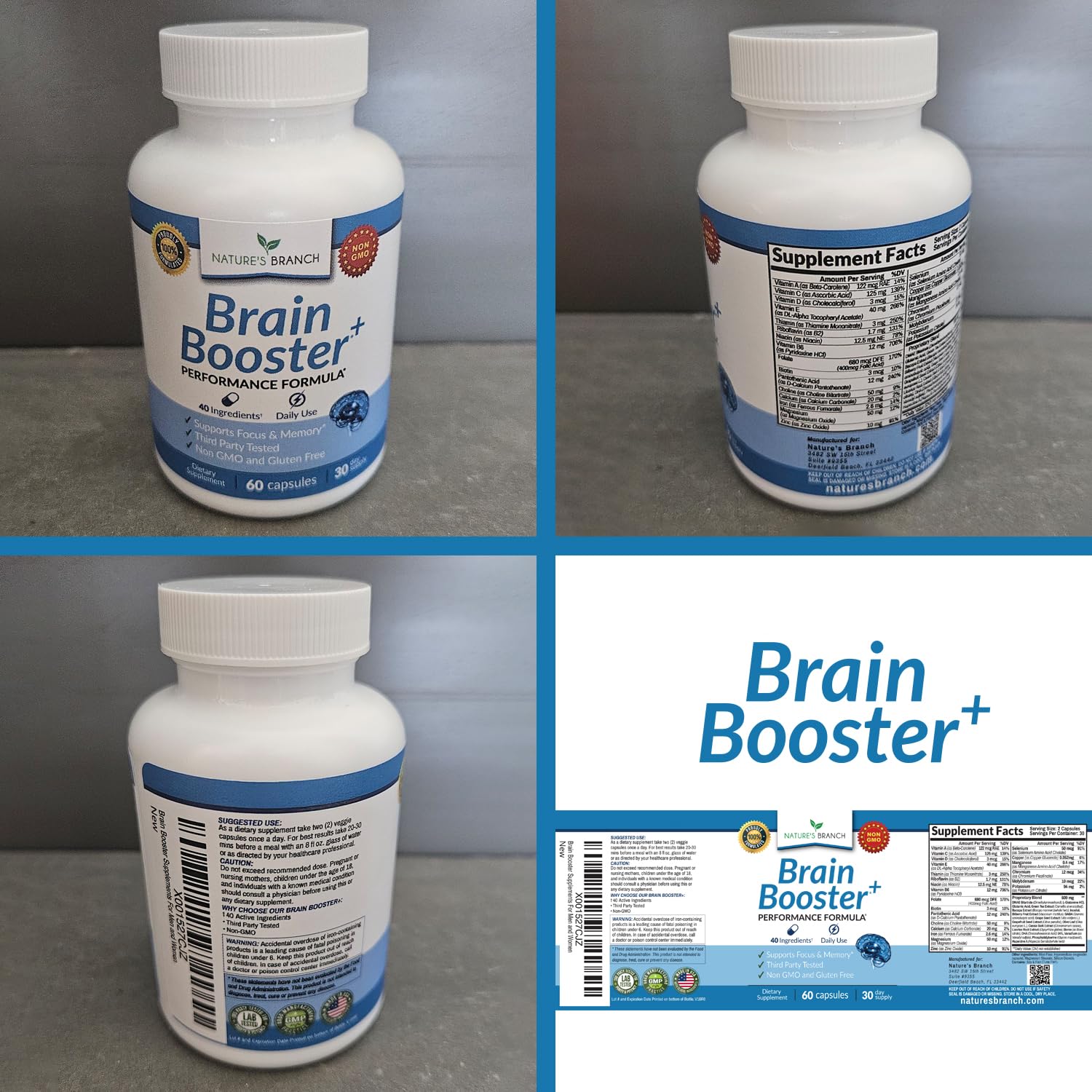 40-in-1 Brain Booster Supplement for Focus, Memory, Clarity, Energy | Advanced Vitamins Plus eBook | for Men & Women, Cognitive Function Nootropic Support with DMAE, Mind Health Formula | 60 Capsules NATURE'S BRANCH buy supplements canada