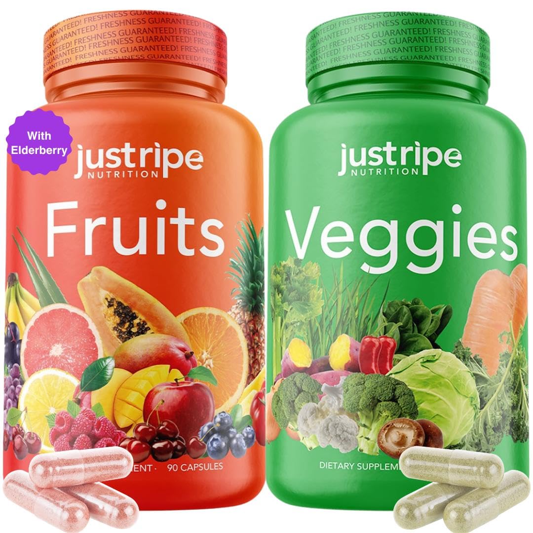 Fruits and Veggies Supplement - 90 Fruit and 90 Vegetable Capsules - 100% Whole Natural Superfood - Filled with Super Greens Vitamins and Minerals - Supports Balance Energy Levels (1 Pack) Just Ripe Nutrition buy supplements canada