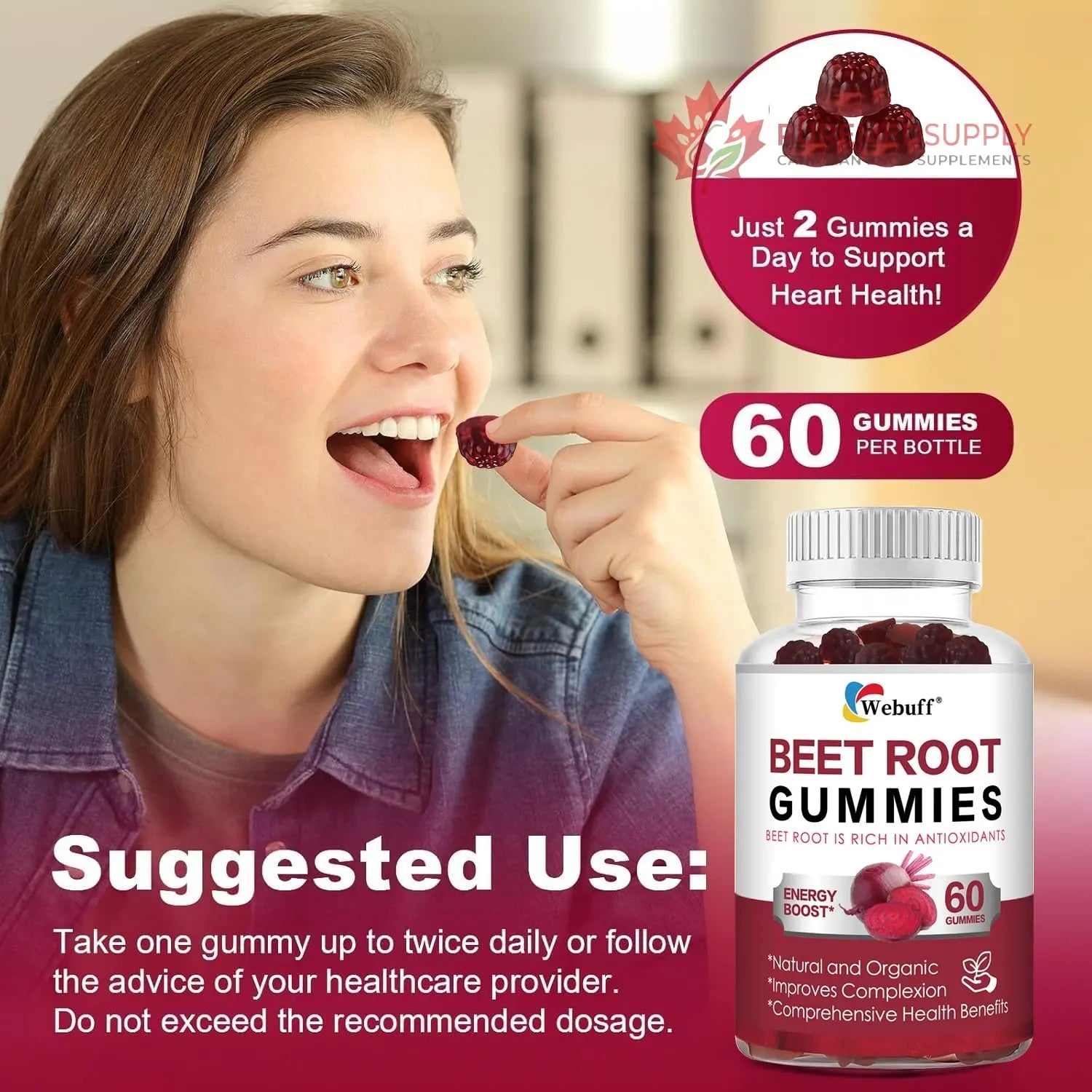 Webuff Beet Root Gummies - Nitric Oxide Booster with Organic Beet, Pomegranate & Grape Seed, Vitamin B12 - Energy, Circulation & Heart Health Support, Vegan, Non-GMO, 60 Count (Pack of 1) Webuff buy supplements canada