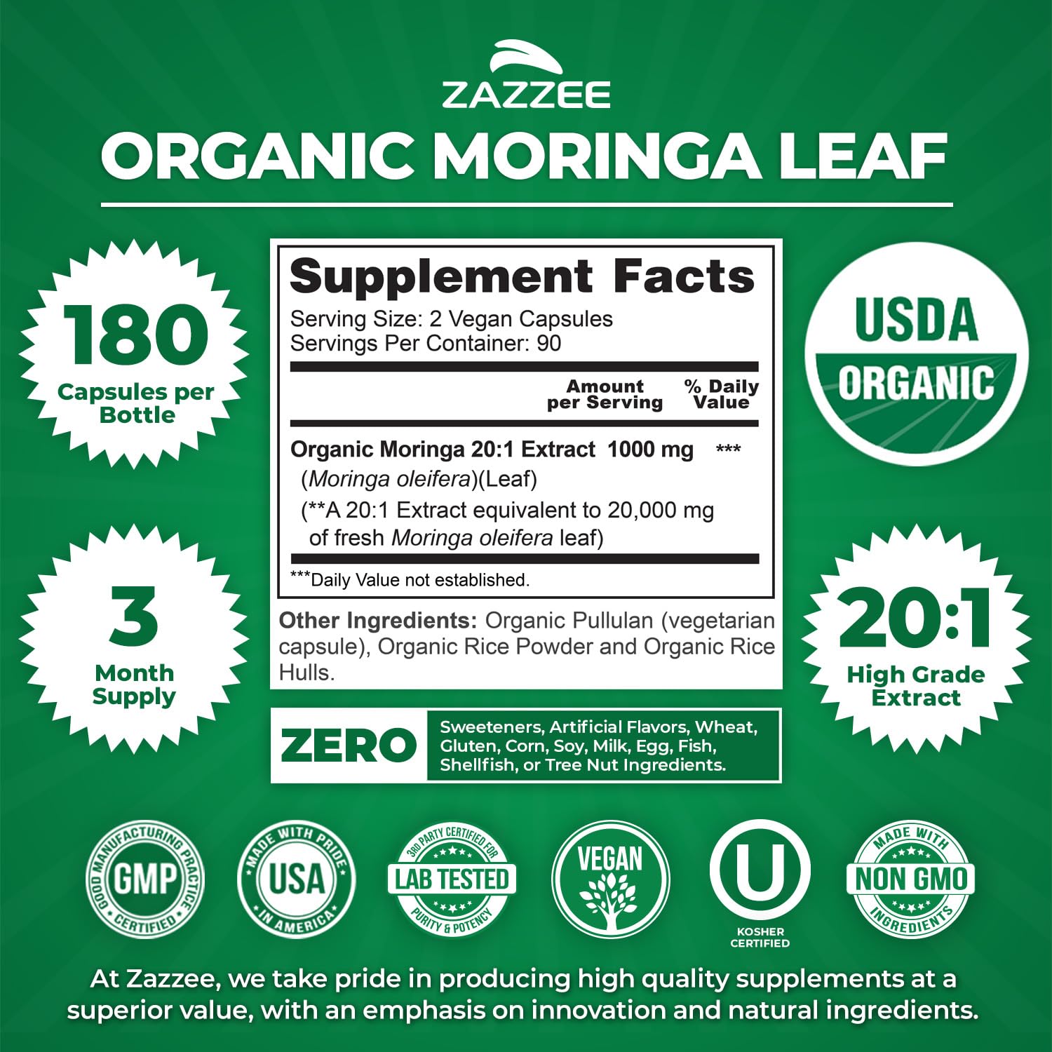 Zazzee USDA Organic Moringa Leaf 20:1 Extract, 180 Vegan Capsules, 3 Month Supply, Certified Kosher, Moringa Oleifera, Antioxidant, Immune & Cellular Support Zazzee buy supplements canada