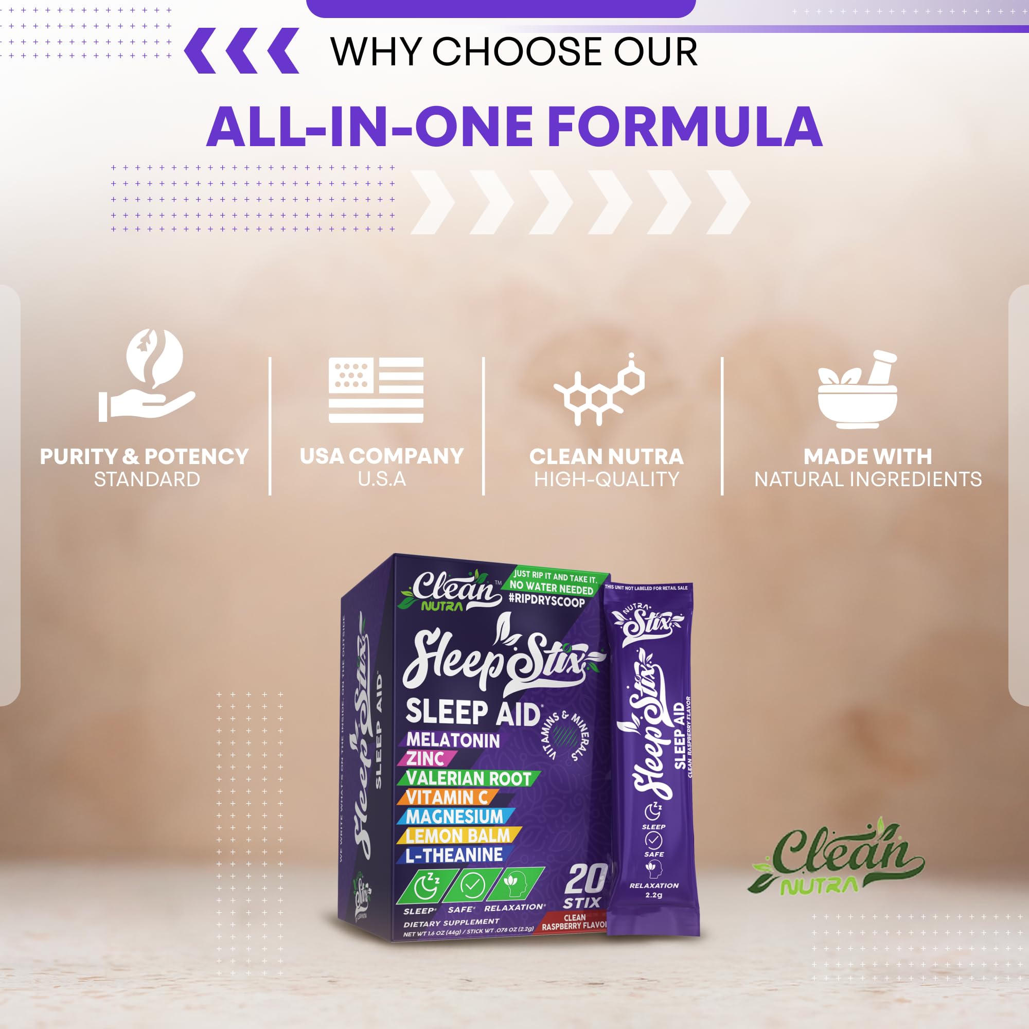 Sleep Aid Melatonin Powder Tryptophan Glycine Valerian Root Magnesium For Sleep Lemon Balm L Theanine Magnesium Glycinate Zinc Sleep Aid Myo Inositol GABACalm B6 5 HTP Stress Relief 20 Stix Clean Nutraceuticals buy supplements canada