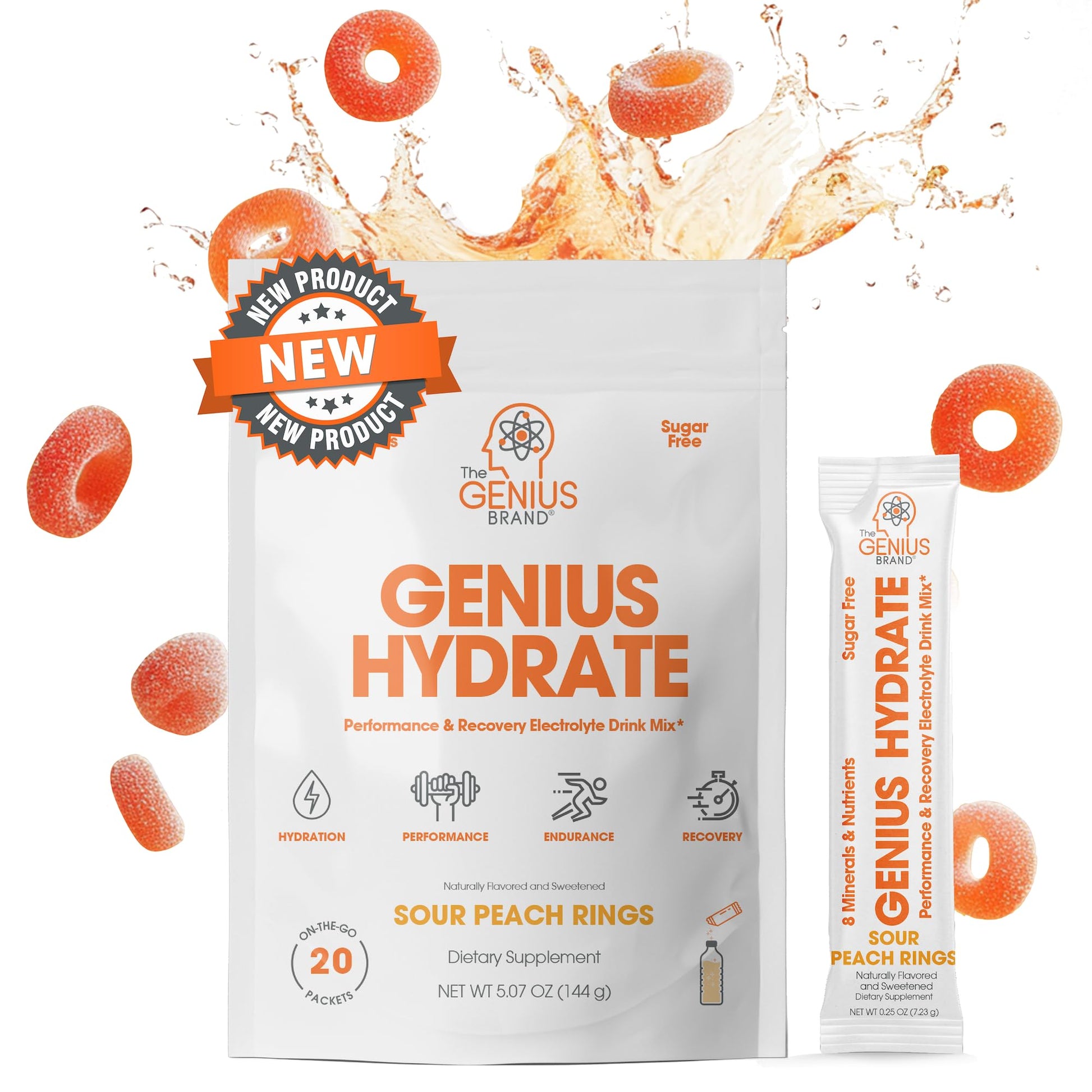 The Genius Brand Genius Hydrate - Electrolyte Supplement for Daily Hydration - Coconut Water - Sugar-Free - 8 Essential Minerals & Nutrients - Non-GMO - Sour Peach Rings - 20 Servings The Genius Brand buy supplements canada