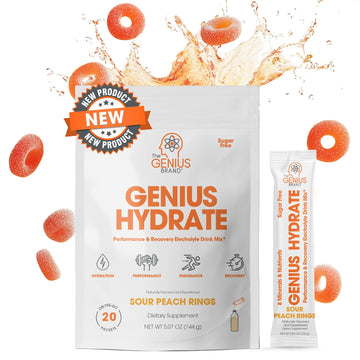 The Genius Brand Genius Hydrate - Electrolyte Supplement for Daily Hydration - Coconut Water - Sugar-Free - 8 Essential Minerals & Nutrients - Non-GMO - Sour Peach Rings - 20 Servings The Genius Brand buy supplements canada