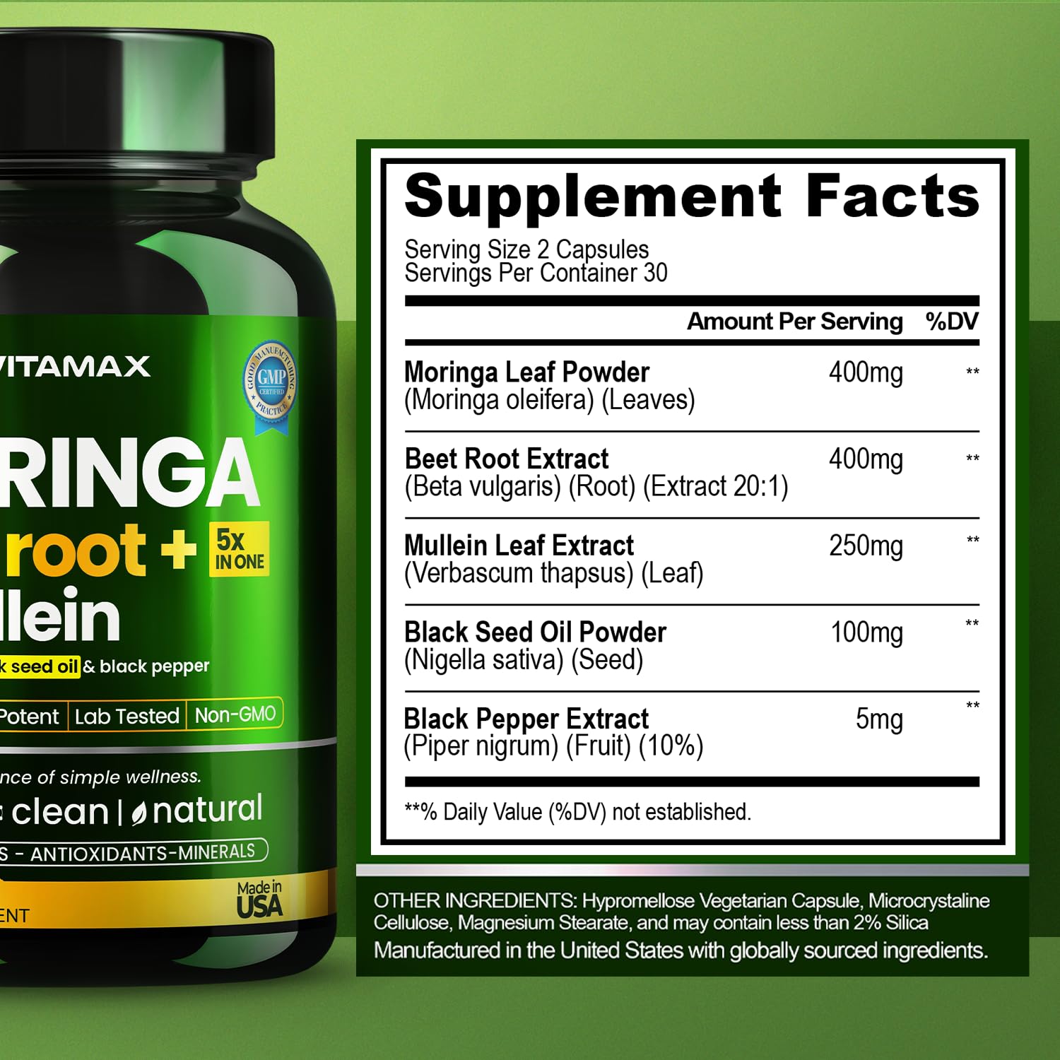 Moringa Capsules, Beet Root, Mullein Leaf - Energy, Skin, Immune Supplement Superfood, Rich in Antioxidants, Minerals & Essential Vitamins - High Absorption Non-GMO - Made in USA - 60ct Vitamax buy supplements canada
