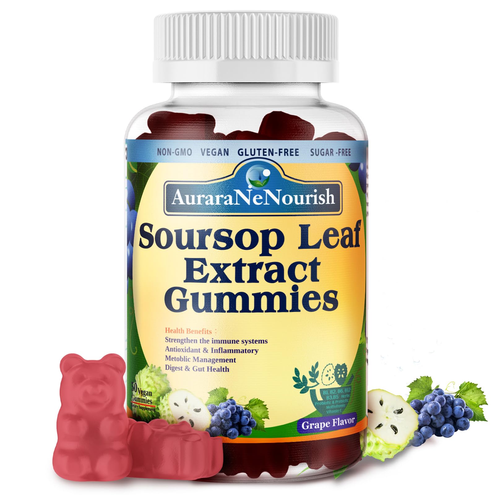 AuraraNeNourish Sugar Free Soursop Gummies with Probiotics & Fiber 100 Billion CFUs, Organic Soursop Leave Extract with Vitamin C B-Complex for Digestive Gut Health, Energy Balance, Immune Boost AuraraNeNourish buy supplements canada